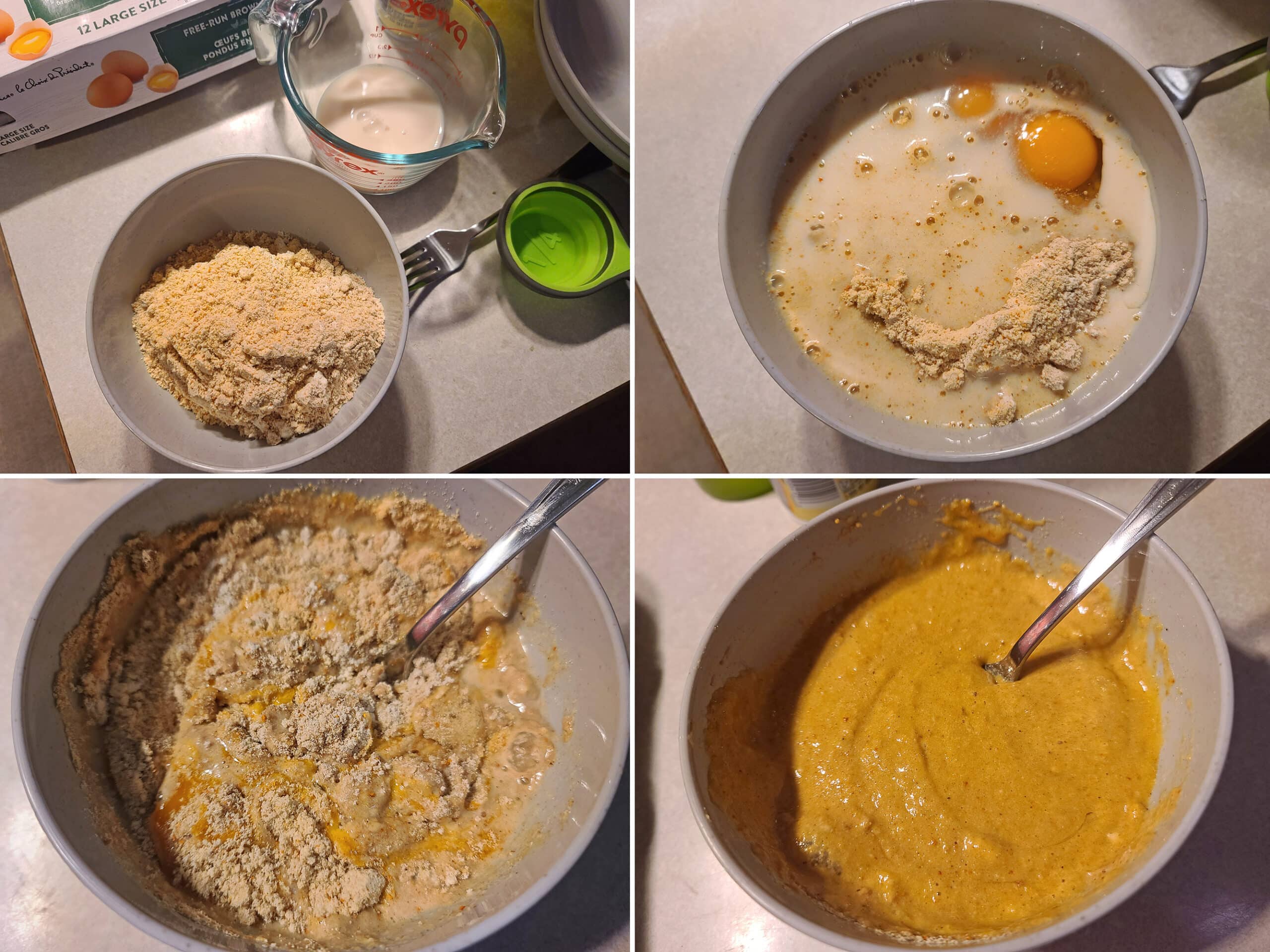 2 part image showing protein pumpkin pancake mix being whisked with eggs and milk into a smooth batter.