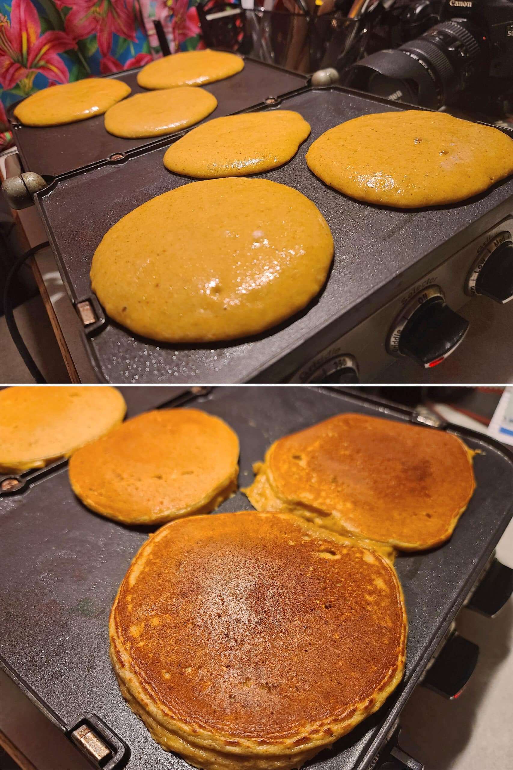 2 part image showing pumping protein pancakes cooking on a griddle.