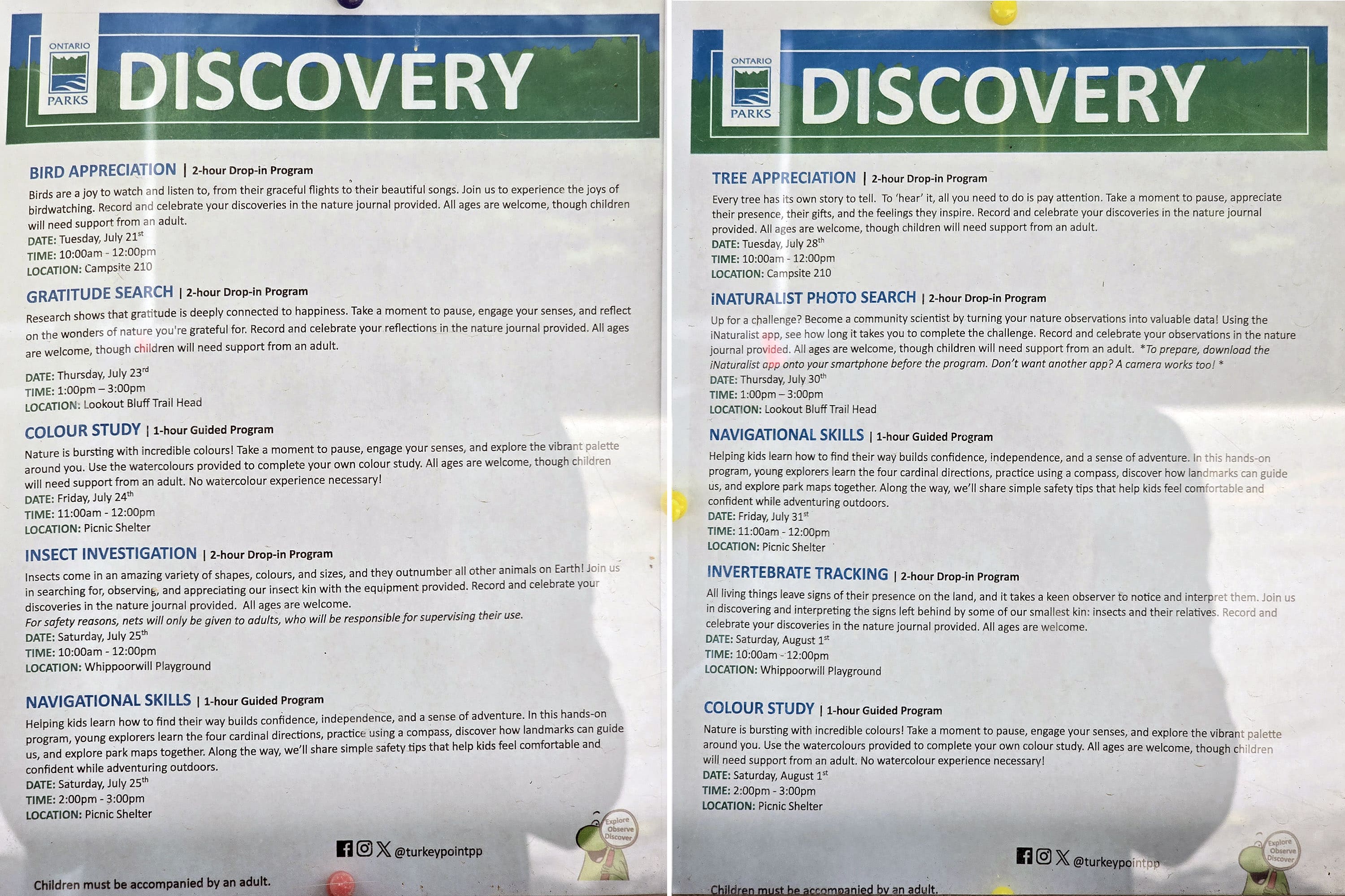 2 part image showing X at Turkey Point the discovery program schedule at Provincial Park.