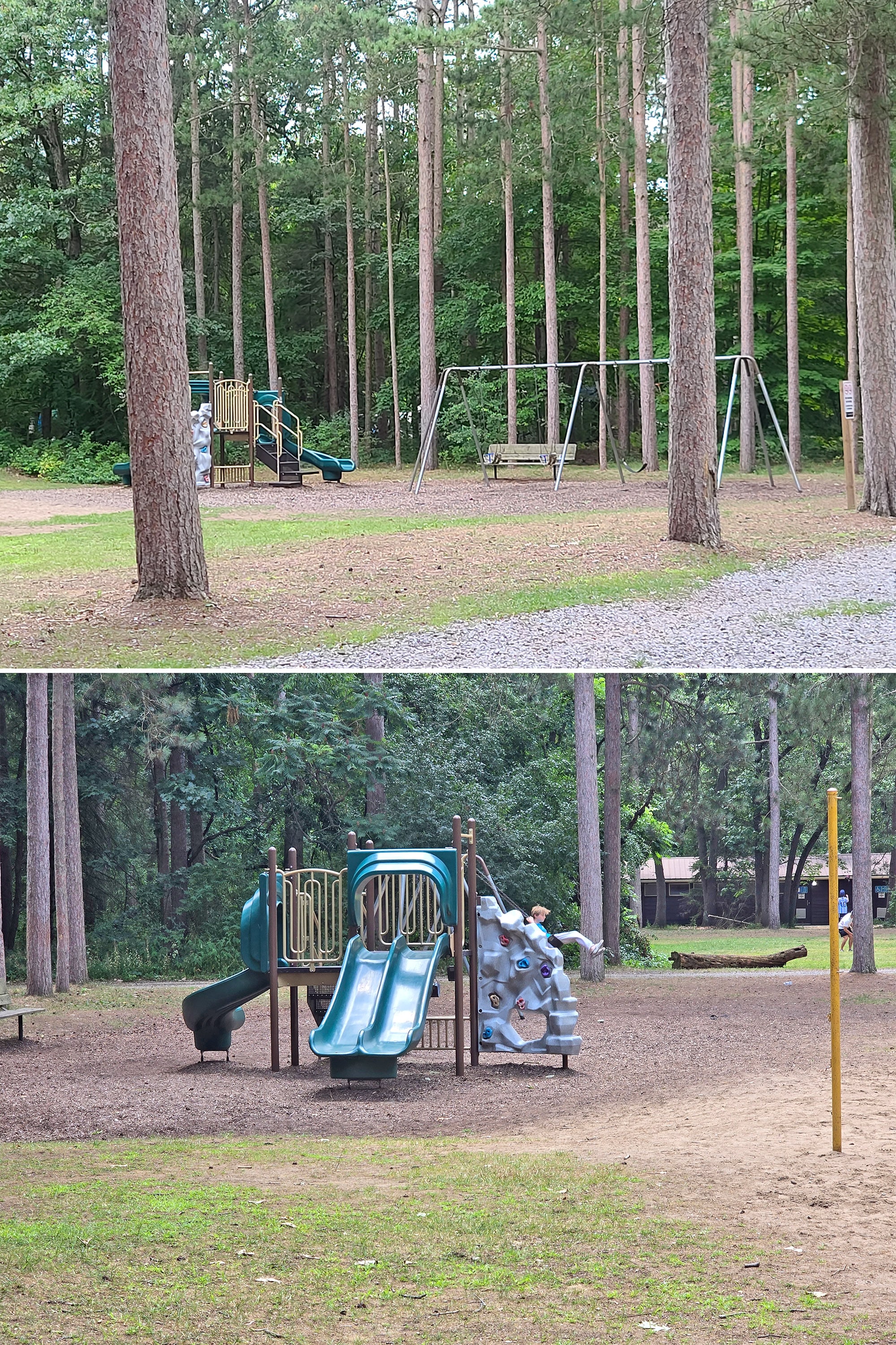 2 part image showing a playground at Turkey Point Provincial Park.