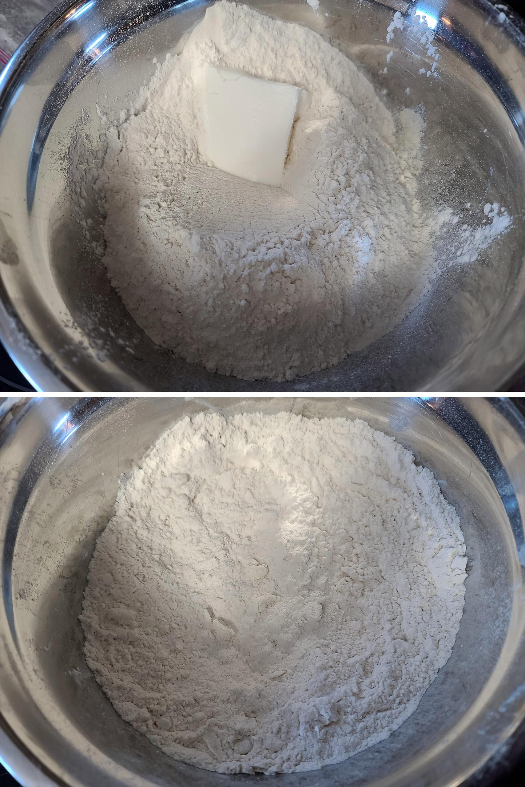 A 2 part image showing lard being cut into the bowl of dry ingredients.