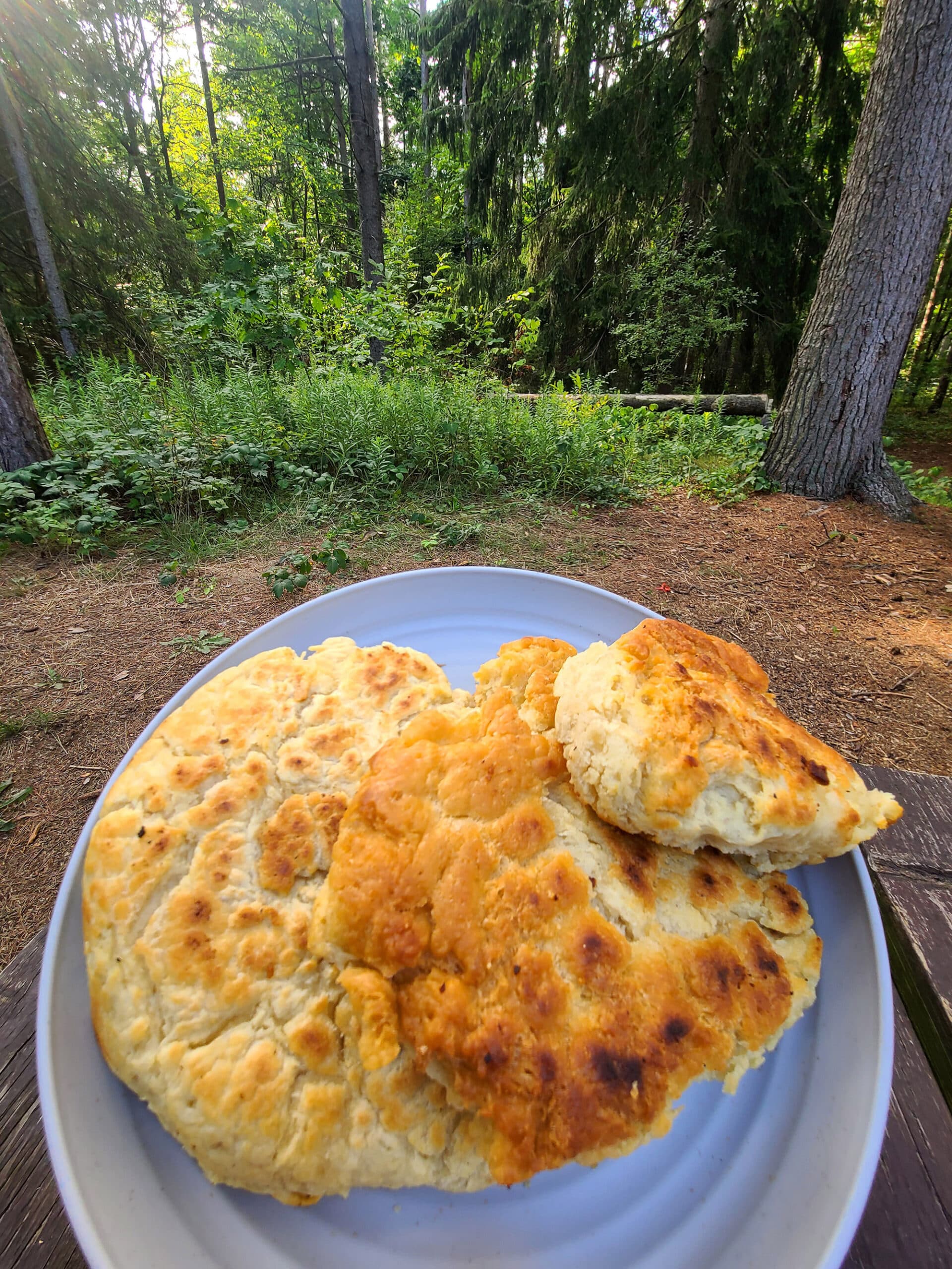 3 pieces of bannock bread on a plate, with a campsite in the background.