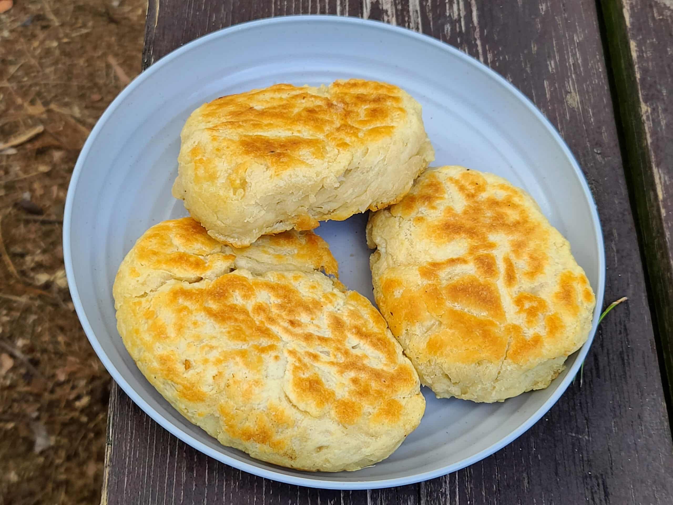 3 pieces of traditional pan fried bannock on a plate on a picnic table.