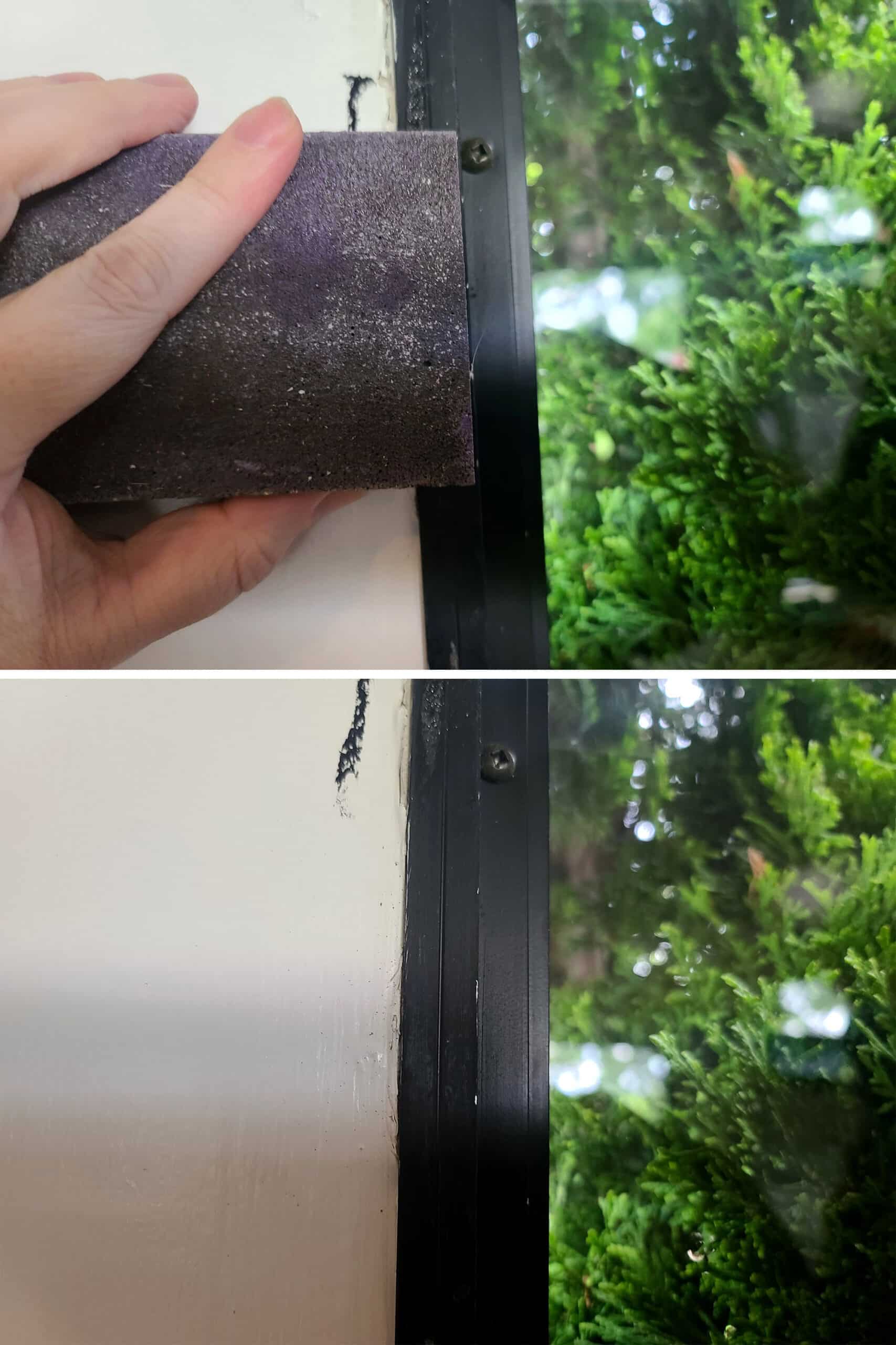 2 part image showing a sandpaper block roughing up the surface of an RV window frame.