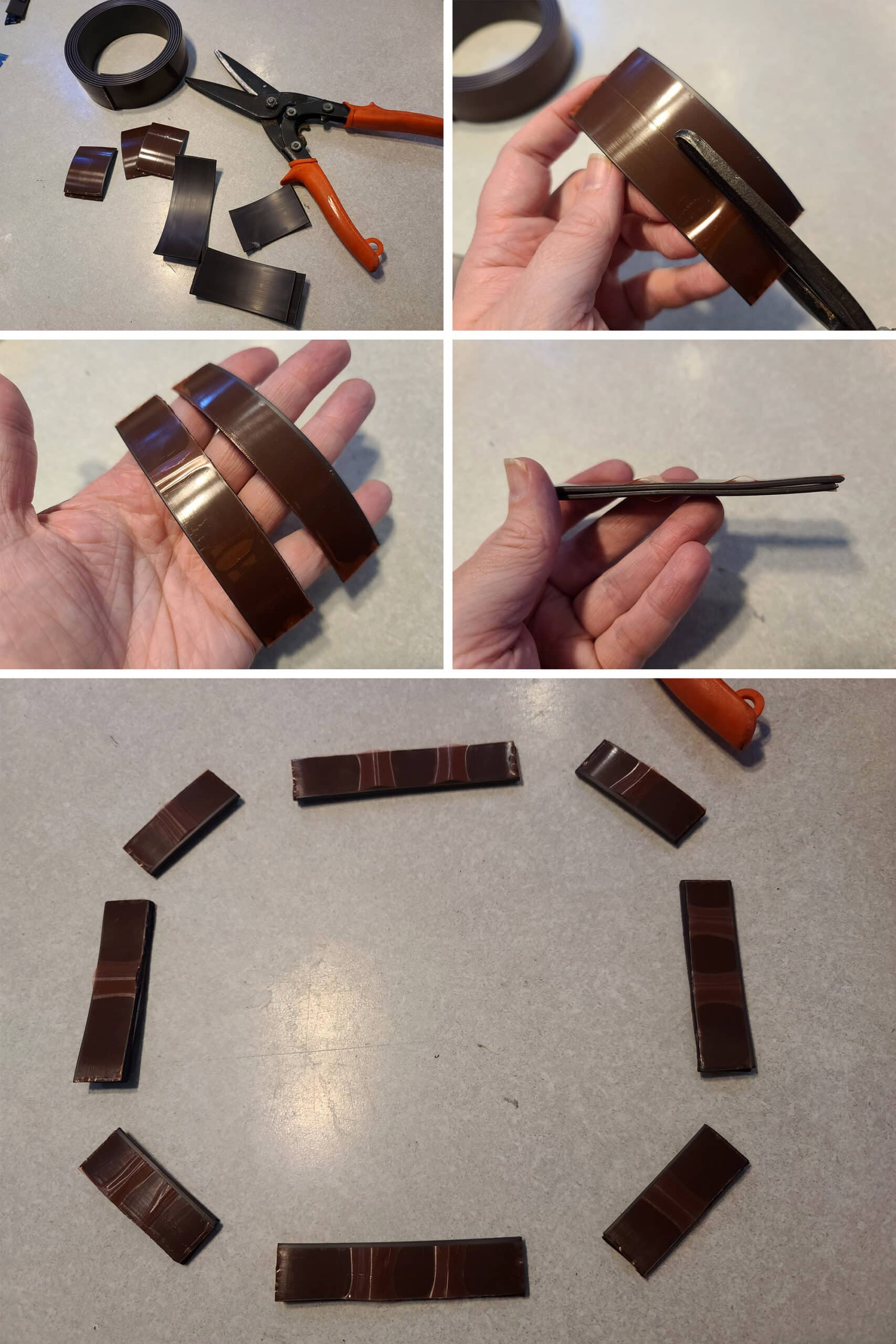 5 part image showing magnet strip being cut to length, split in half lengthwise, matched up, and arranged in the order they’ll go on the window shade.