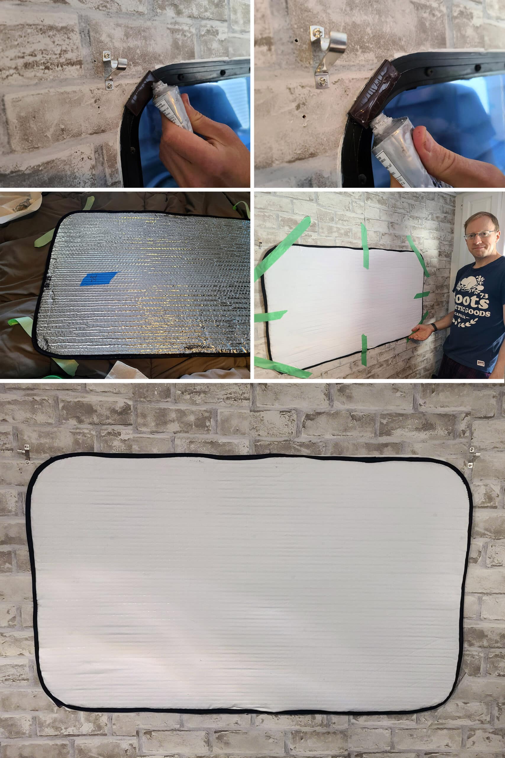 5 part image showing glue being applied to the magnets on the window frame, a window shade being set in place and taped down, then the final window shade in place without tape.