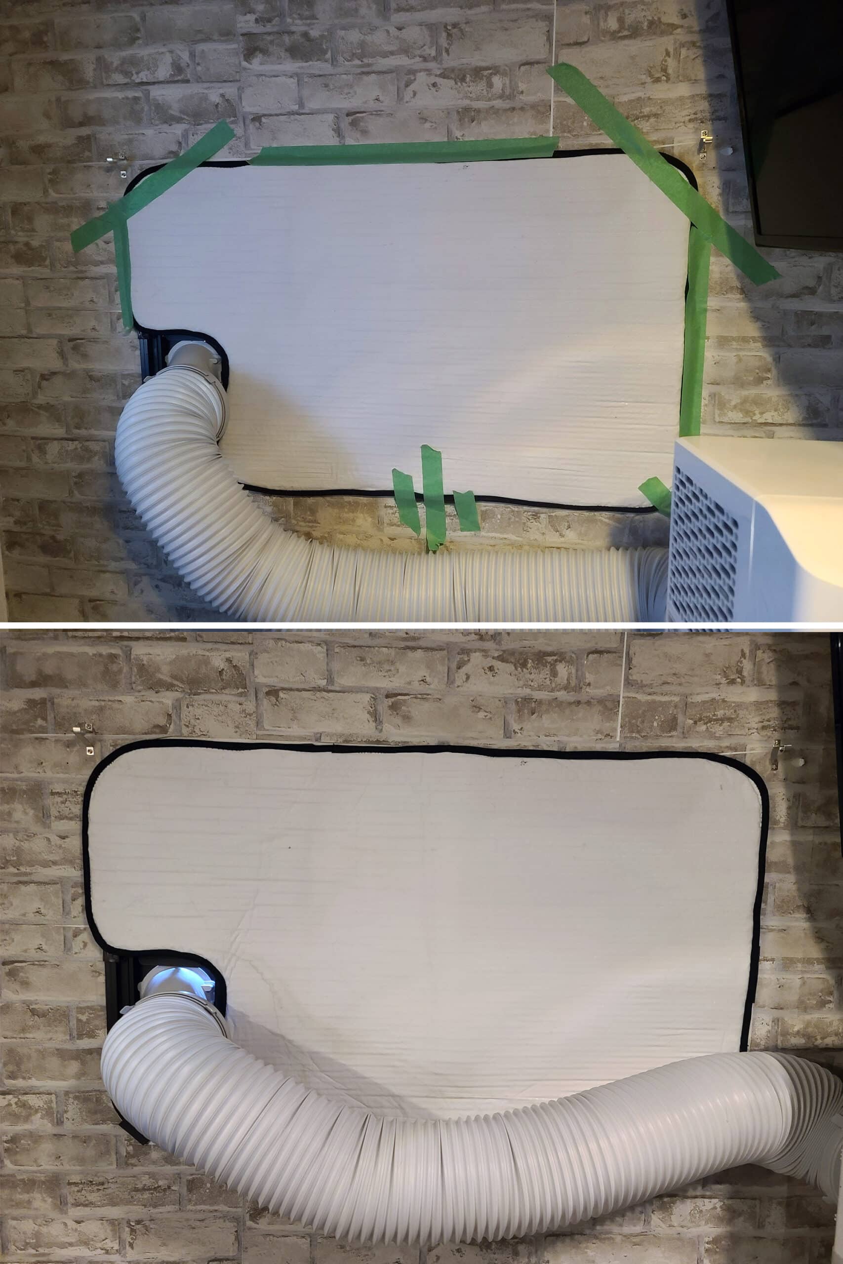 2 part image showing an oddly shaped magnetic rv window shade being installed over an air conditioning vent.