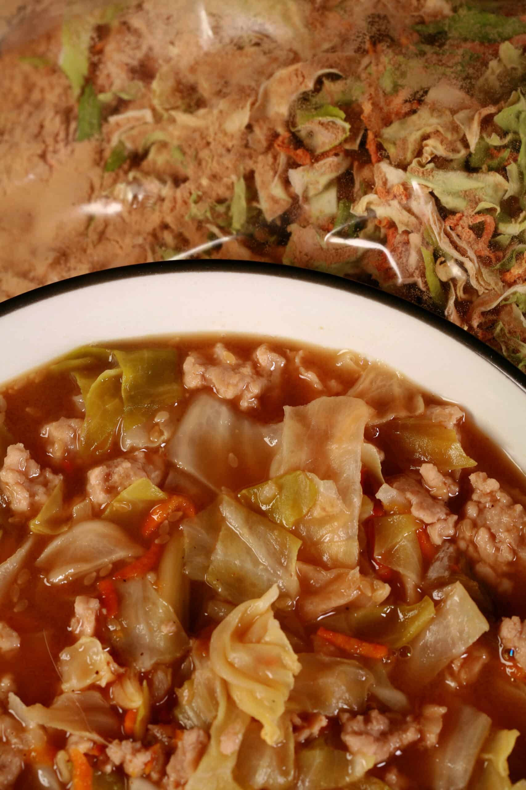 A bowl of keto egg roll soup in front of a bag of dry mix for the soup.