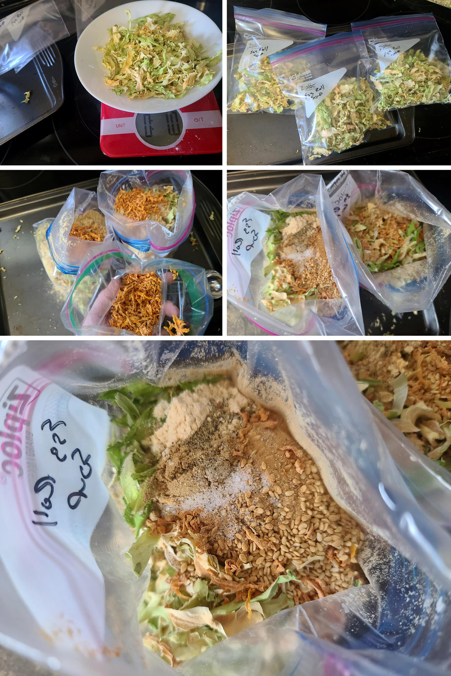 5 part image showing dried cabbage being weighed and the soup mix ingredients being measured into baggies.