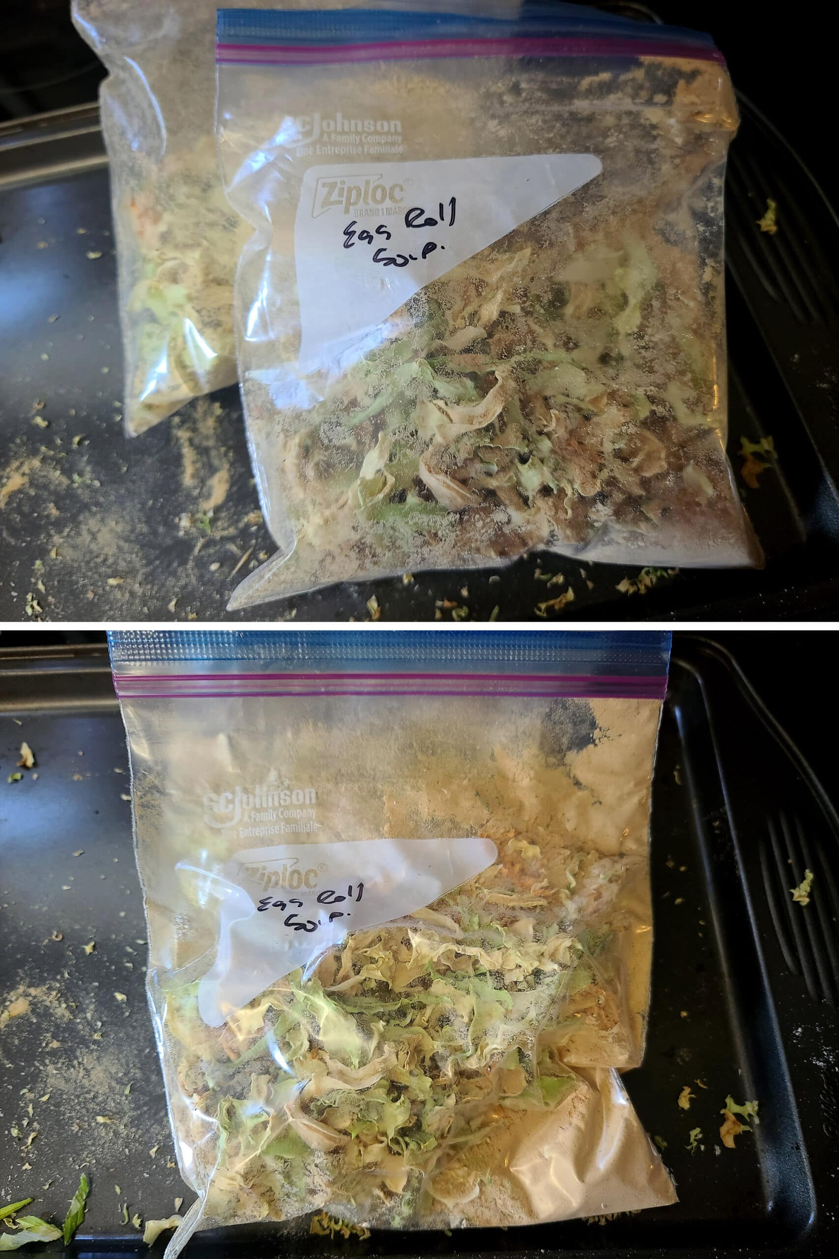 2 part image showing a bag of homemade egg roll soup mix, before and after being shaken and sealed.