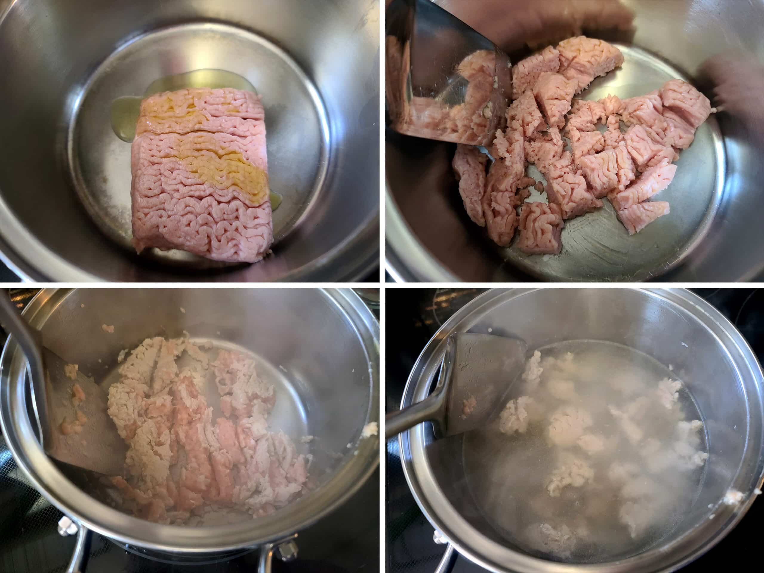 4 part image showing ground chicken being cooked in a pot, then water added.