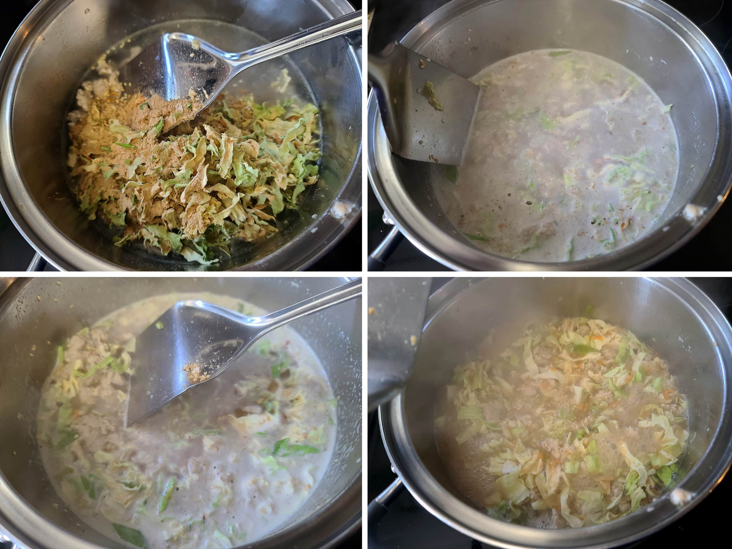 4 part image showing the soup mix being added to the meat and water and simmered until the cabbage is soft.