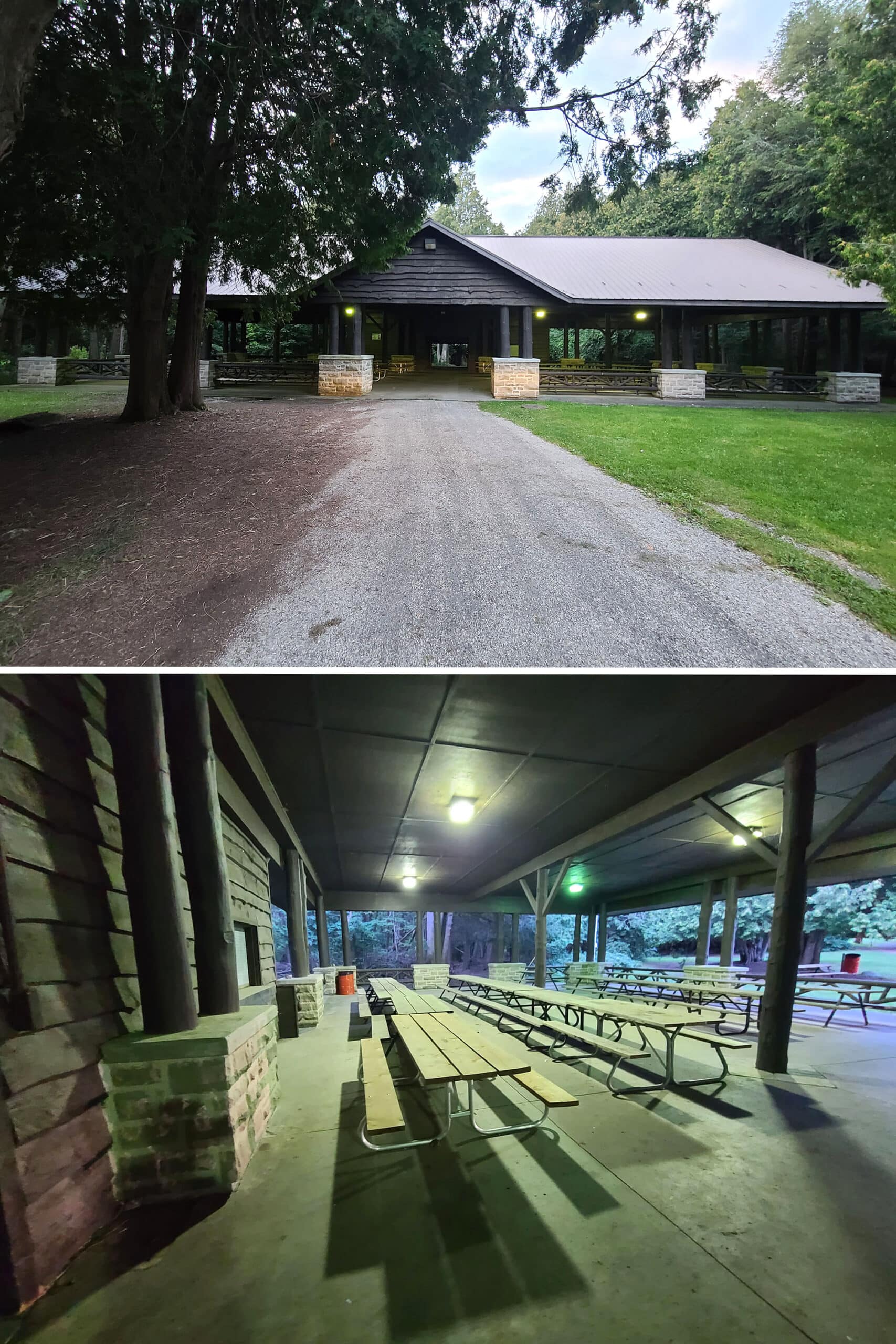 2 part image showing the interior and exterior of the Kay Marston Pavilion, a large picnic shelter.