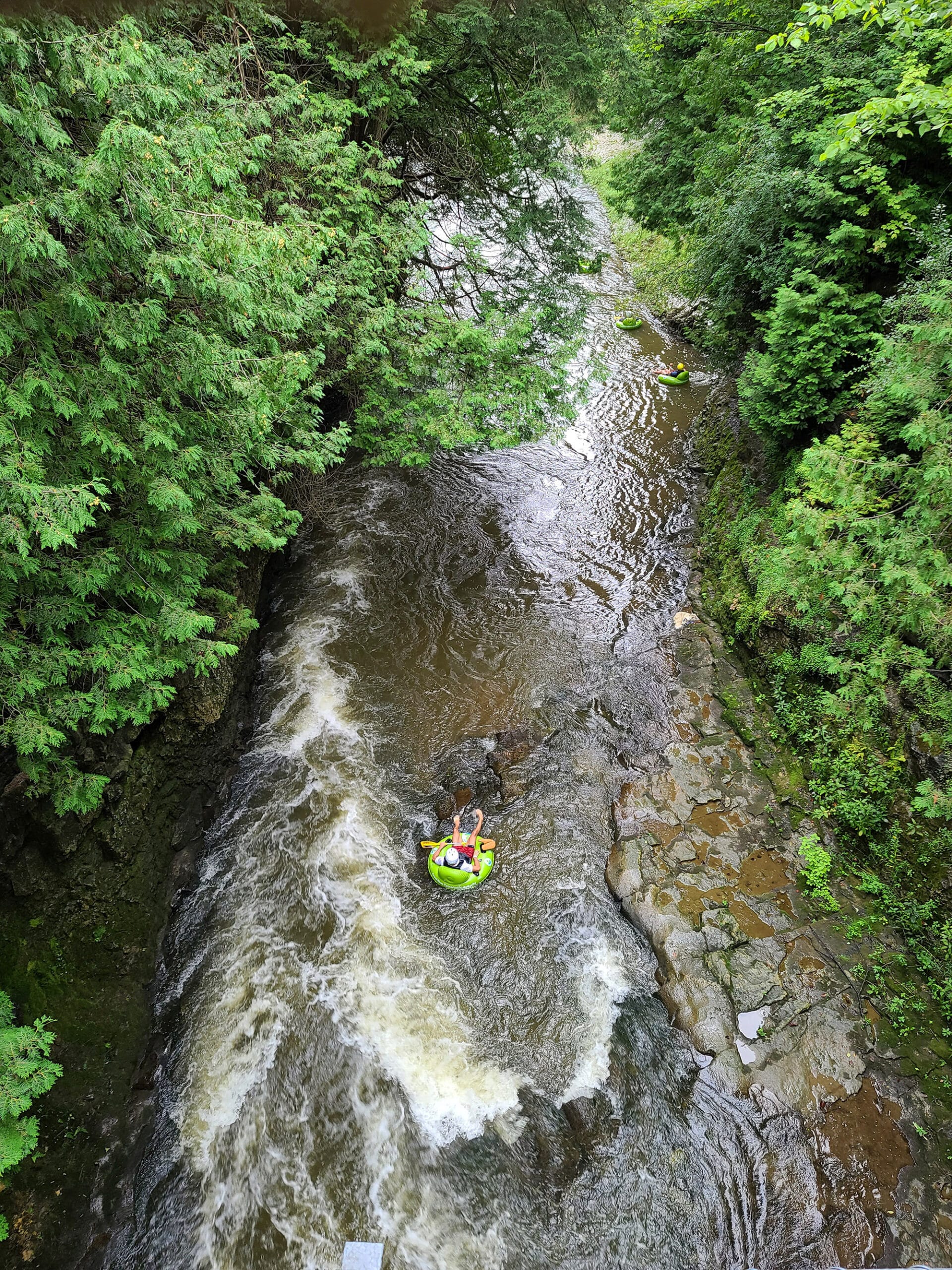 Overhead view of someone tubing through Elora Gorge on a bright green inner tube.