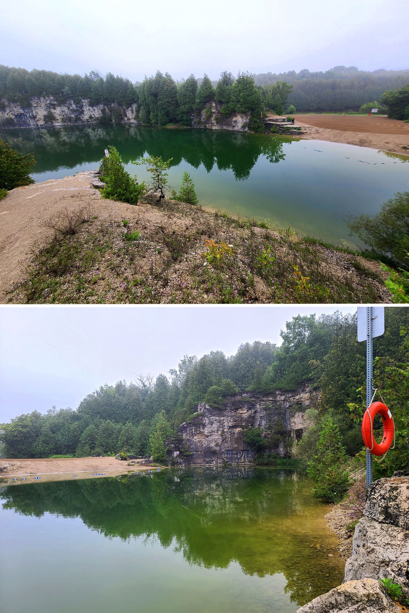 2 part image overlooking the elora quarry, which is now a large swimming hole.
