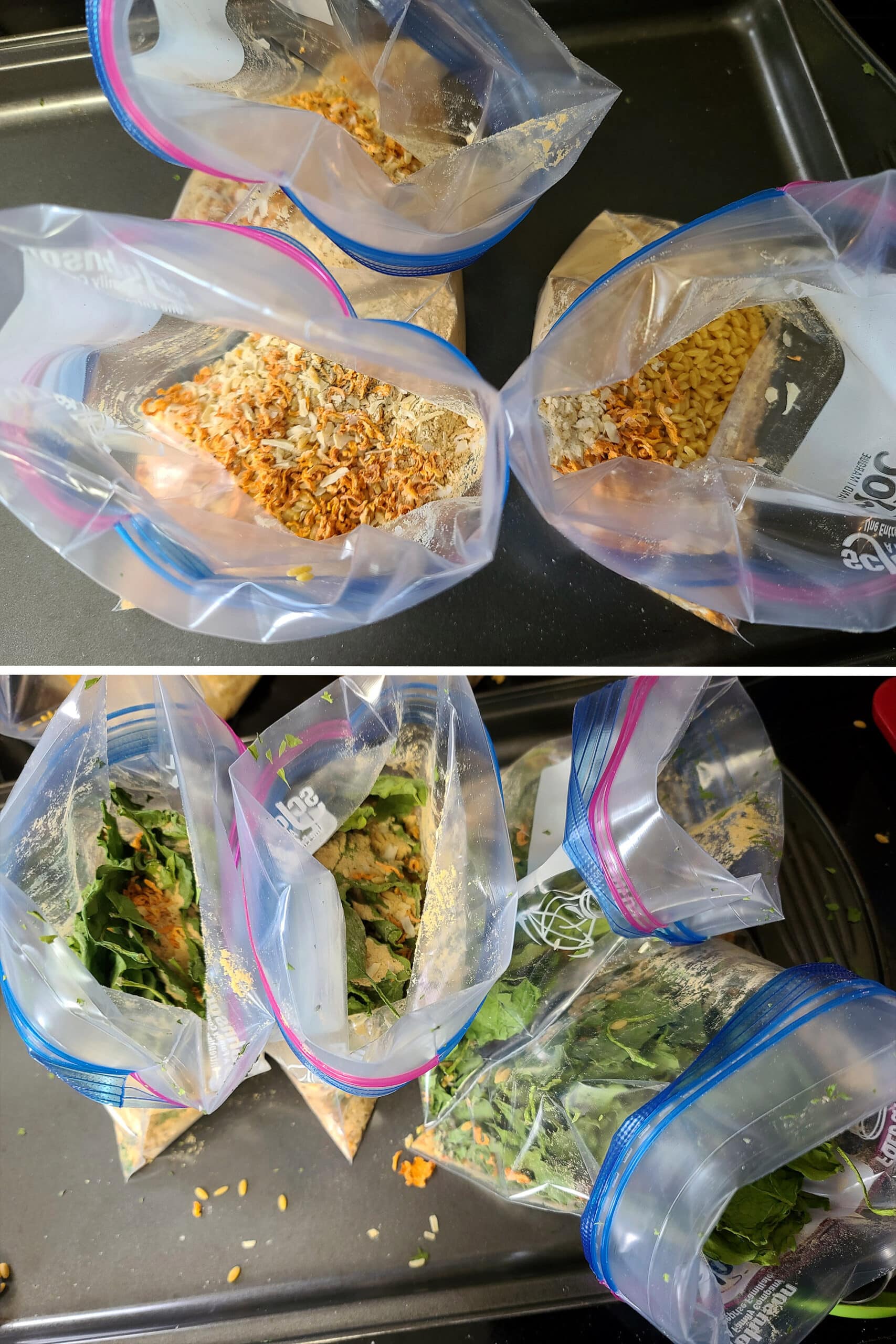 2 part image showing the italian wedding soup mix ingredients being measured into baggies.