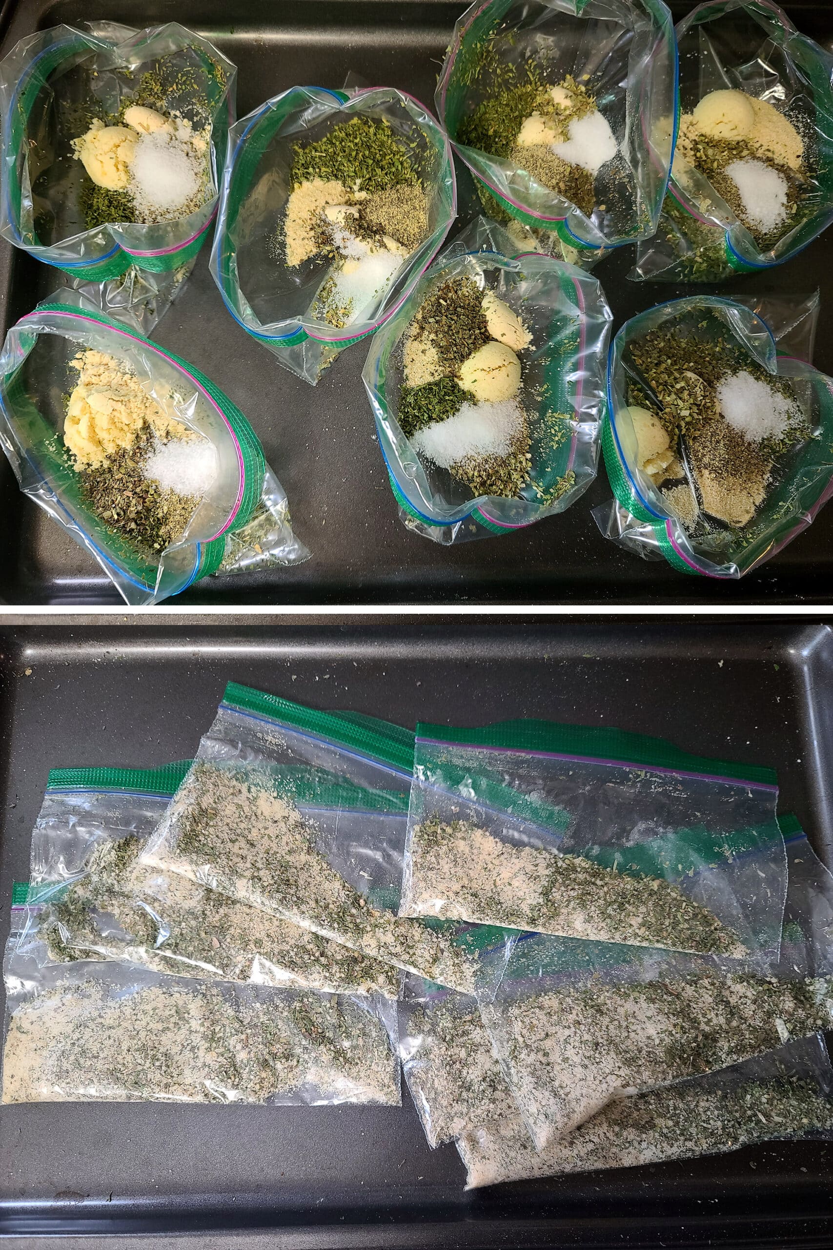 2 part image showing the meatball seasoning ingredients being measured into baggies, shaken, and sealed.