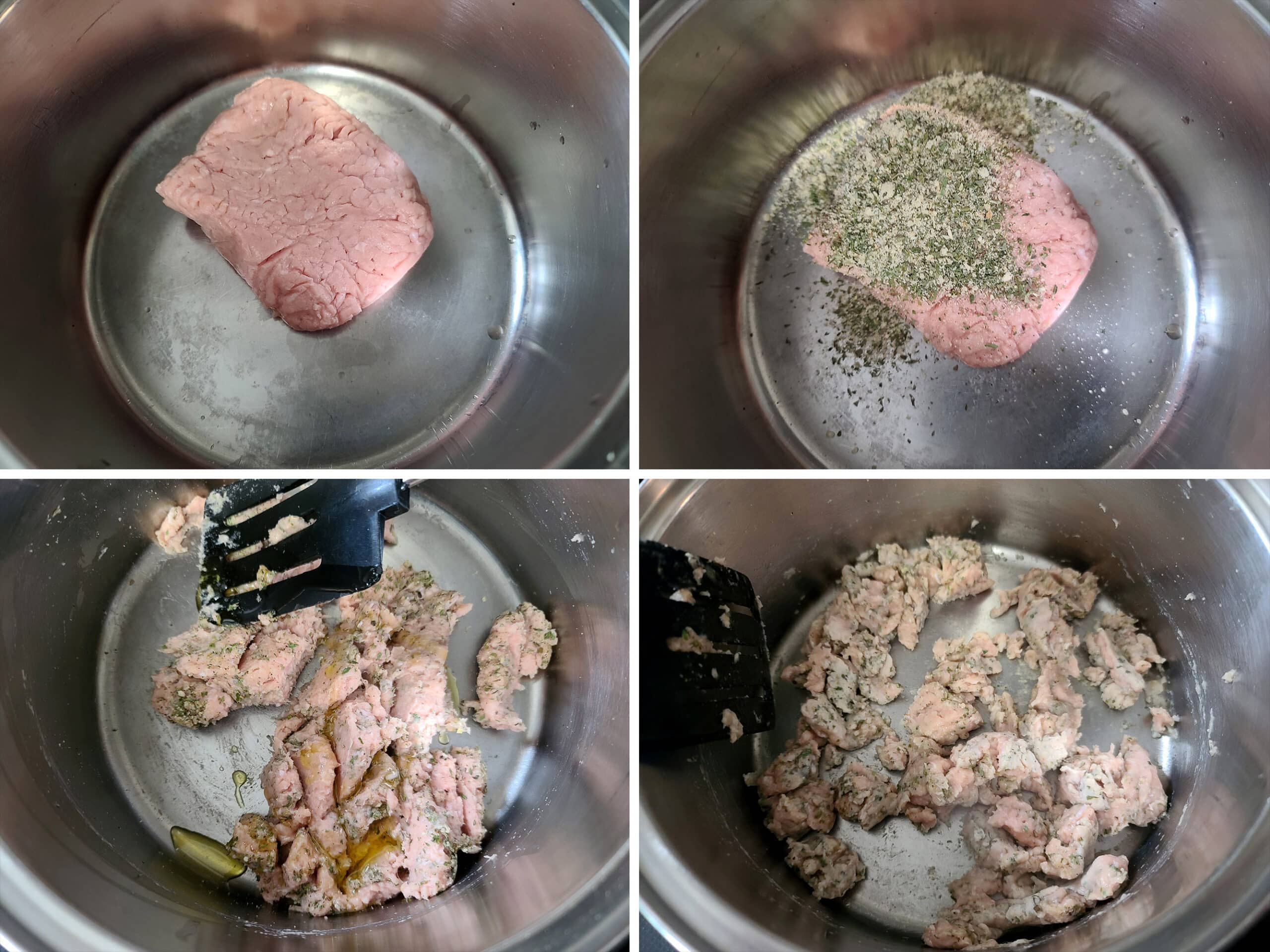 4 part image showing the ground chicken being seasoned with the meatball packet and cooked.