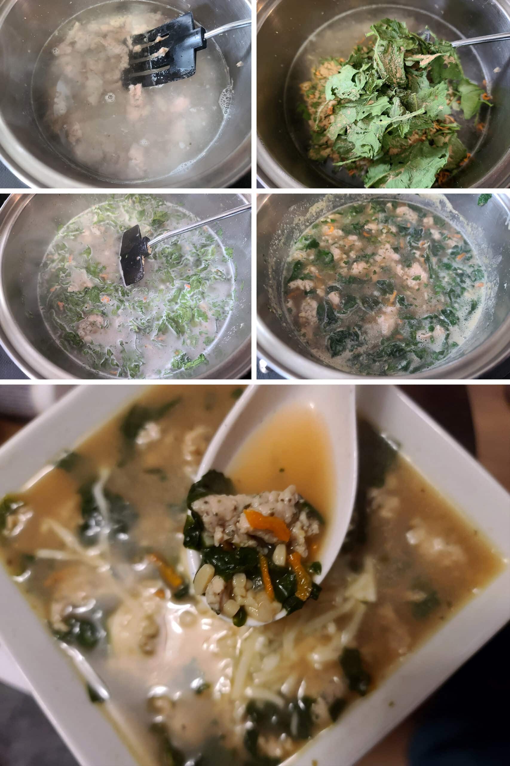 5 part image showing the water and soup mix being added to the cooked meat, stirred, and served in a bowl.