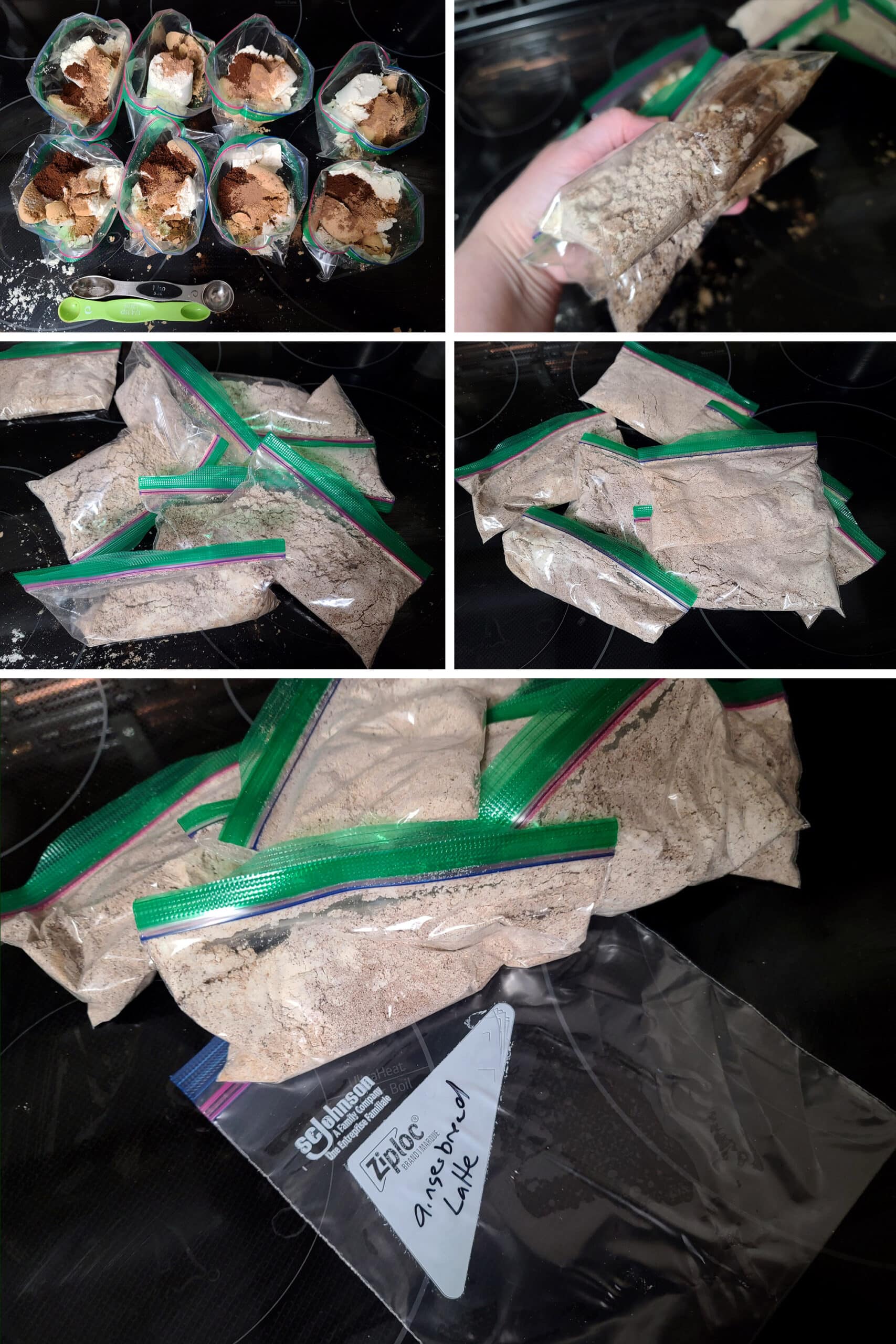 5 part image showing the dry ingredients for protein powder gingerbread lattes being added to plastic baggies, mixed, and sealed.