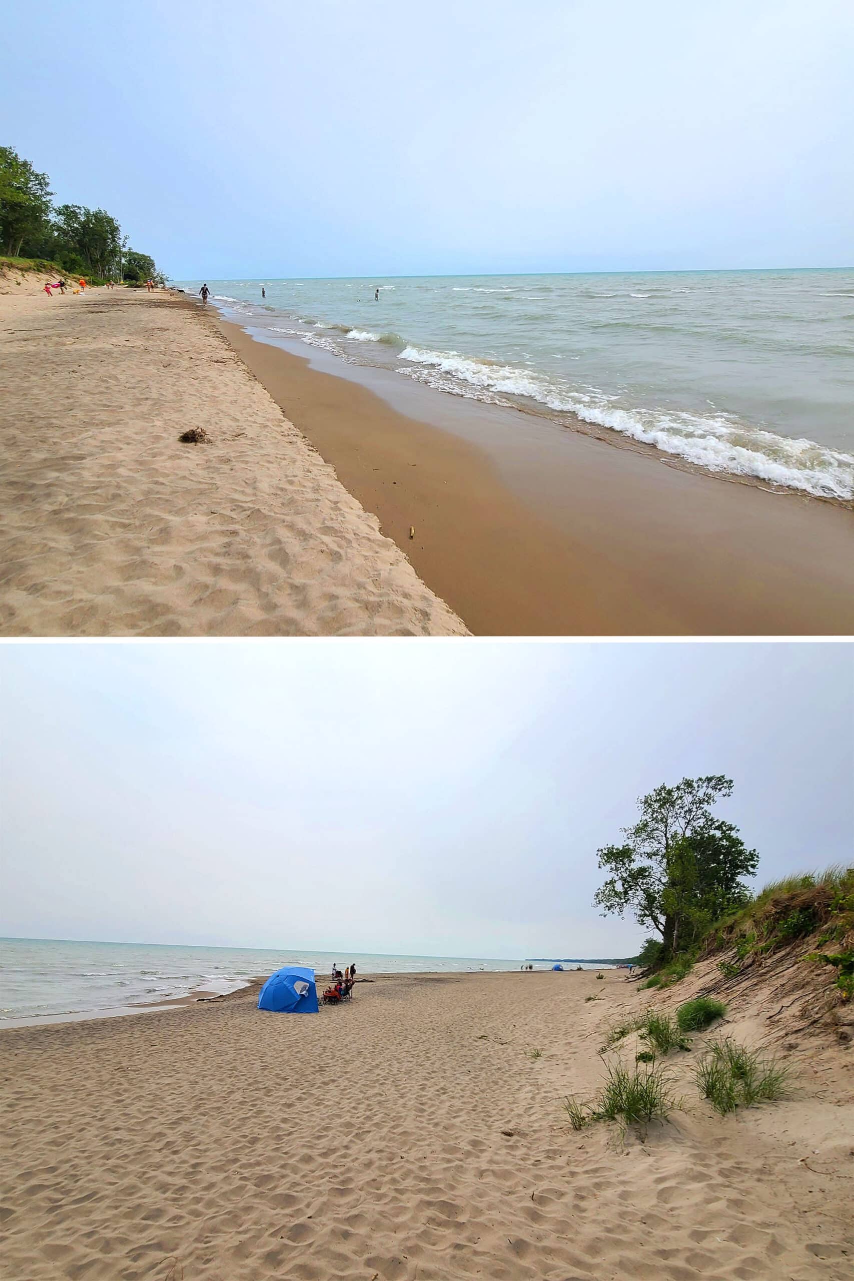 2 part image showing landscape views of a mostly empty sandy beach on lake erie.