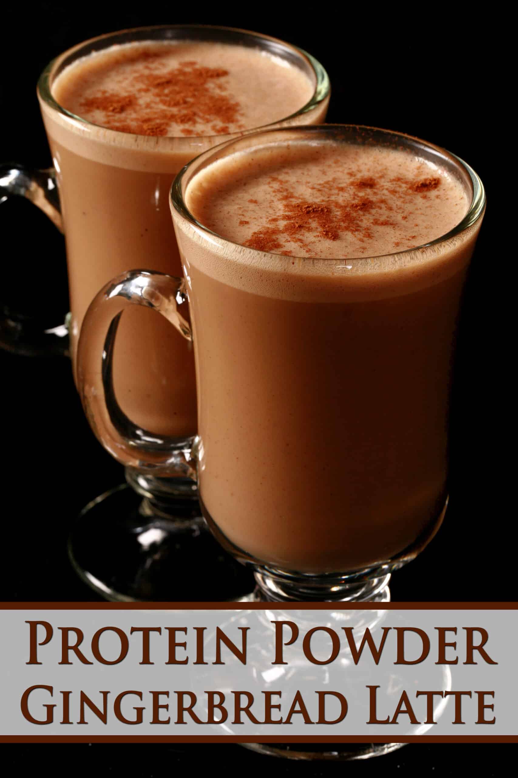 2 mugs of protein powder gingerbread lattes.