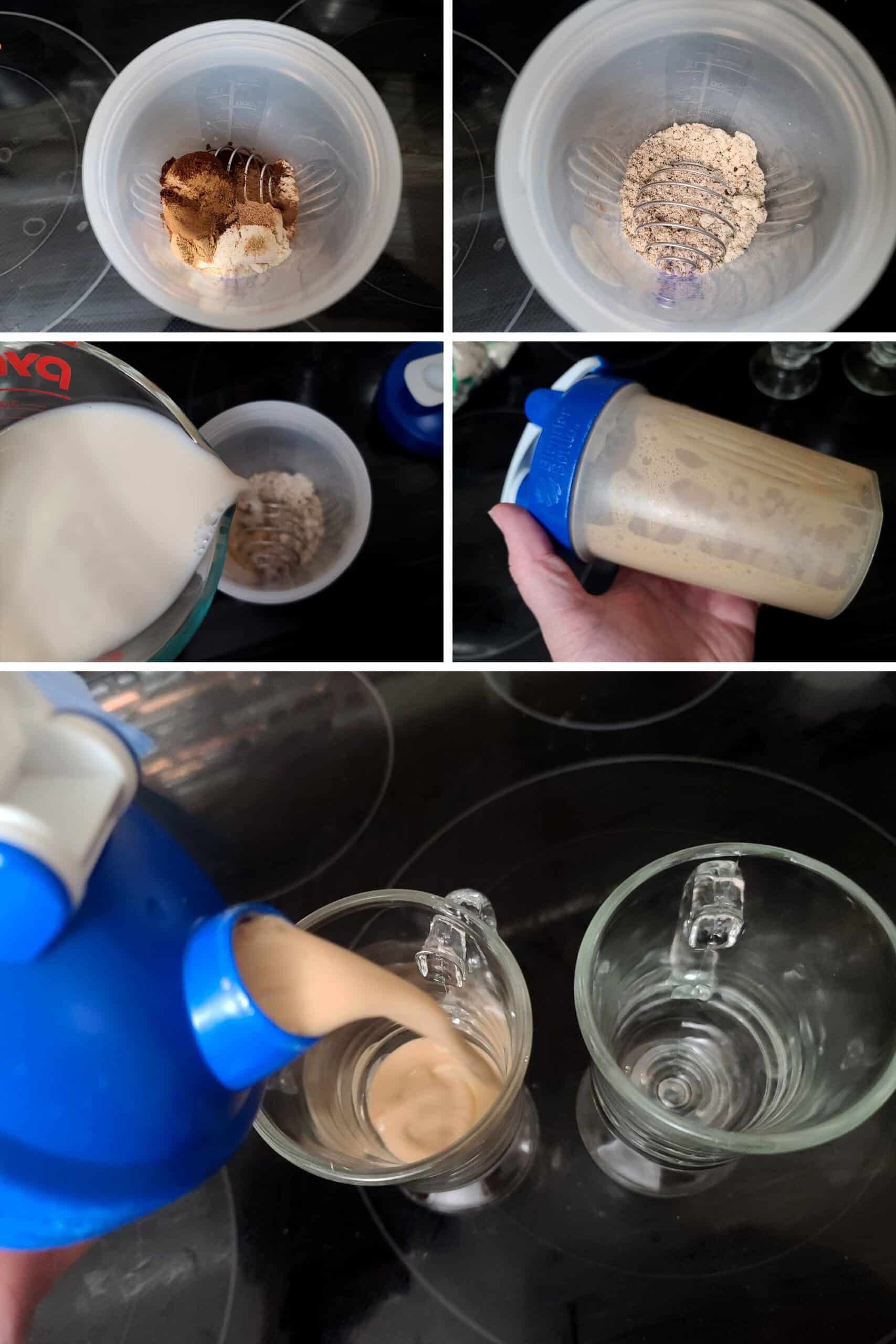 5 part image showing a protein powder gingerbread latte being mixed in a shaker and poured into glass mugs.
