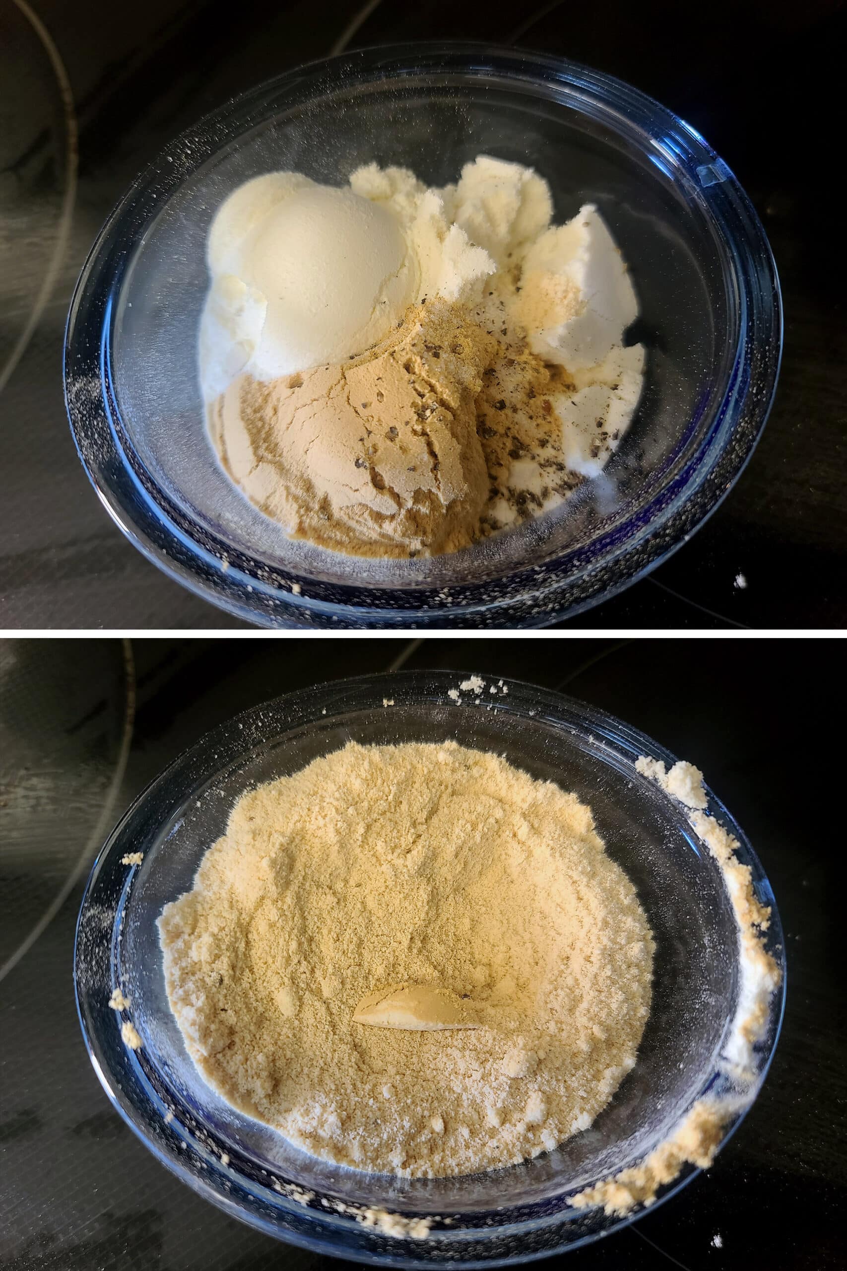 2 part image showing the protein chicken soup mix ingredients being mixed in a small bowl.
