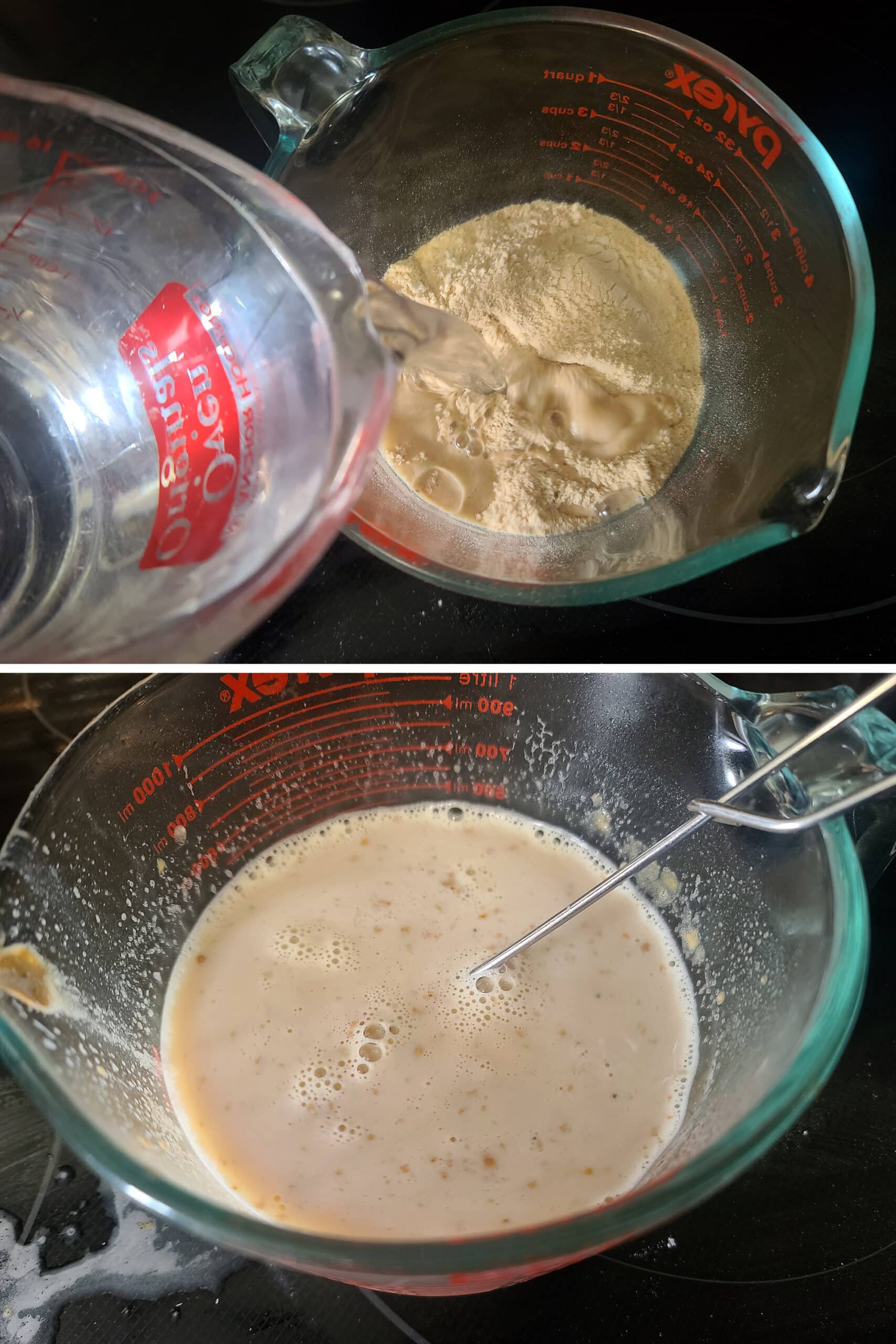 2 part image showing boiling water being added to a mug of creamy chicken soup mix and stirred in.