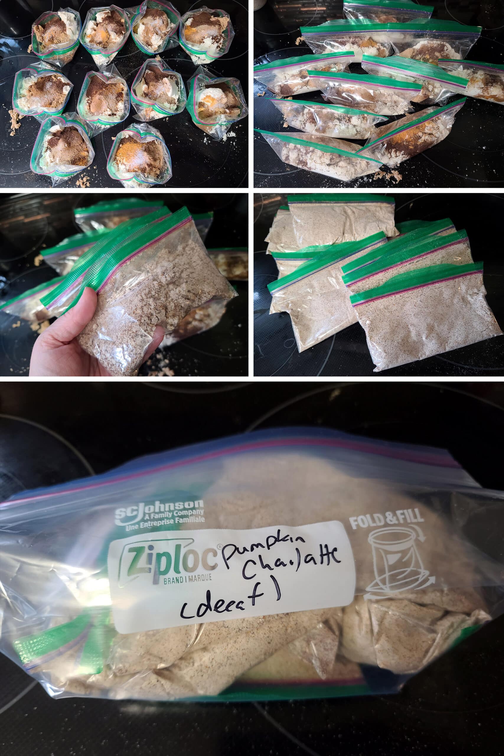 5 part image showing the protein powder pumpkin chai latte mix ingredients being measured into baggies, mixed, and sealed.