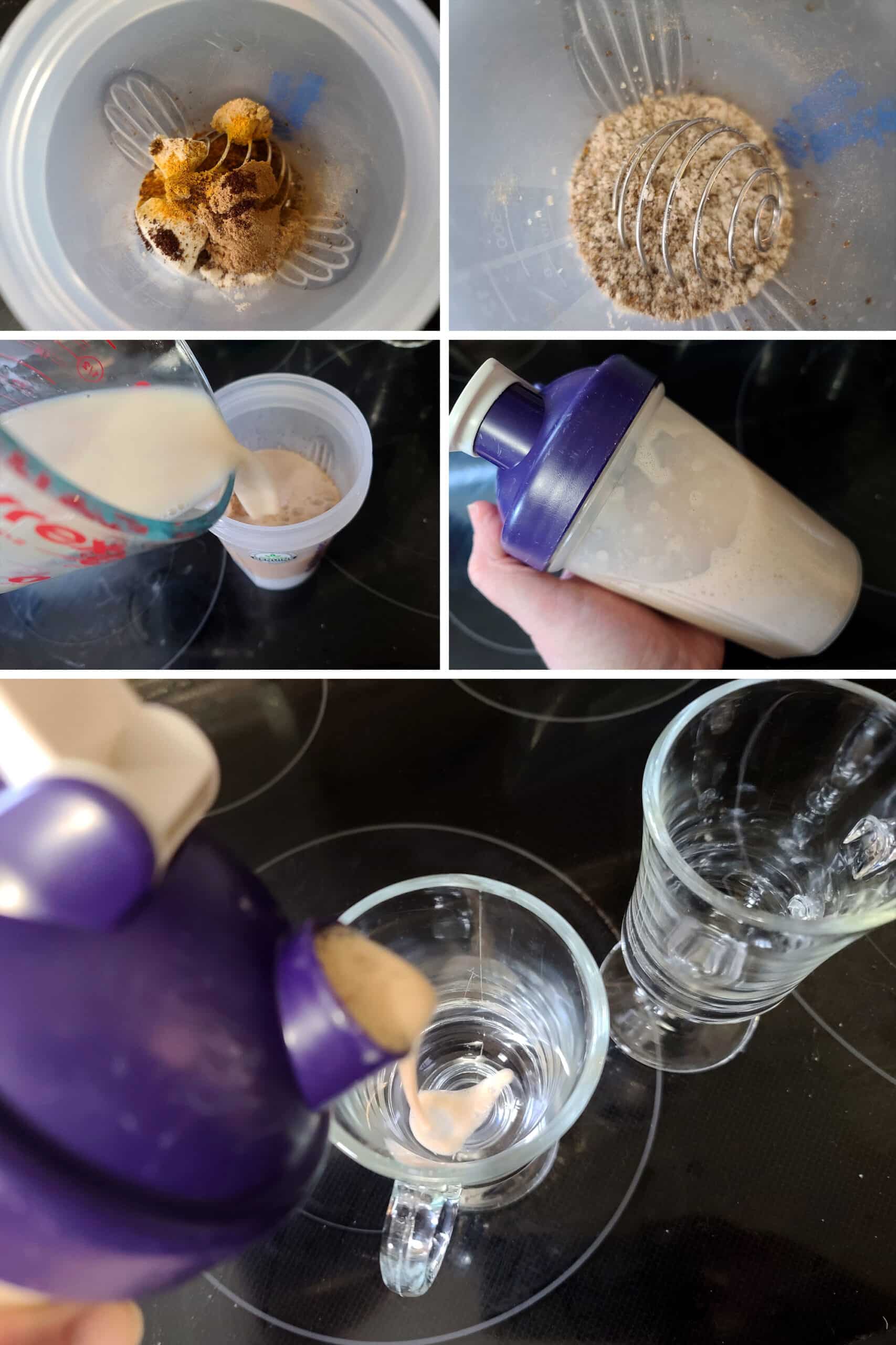 5 part image showing a protein powder pumpkin chai latte being mixed in a shaker and poured into mugs.