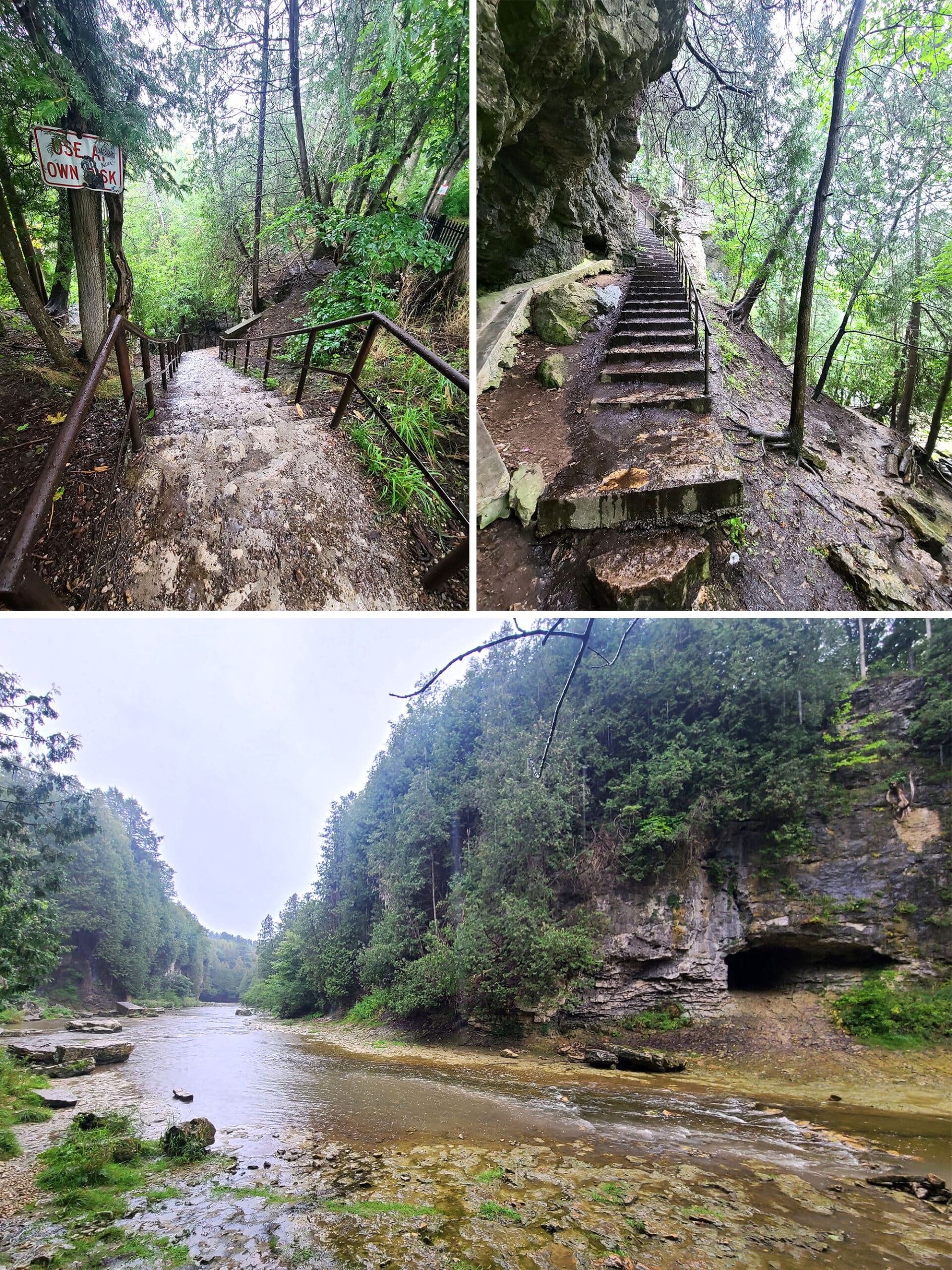 A 3 part image showing various view from Victoria Park in elora, including stairs and a view from the bottom of the gorge.