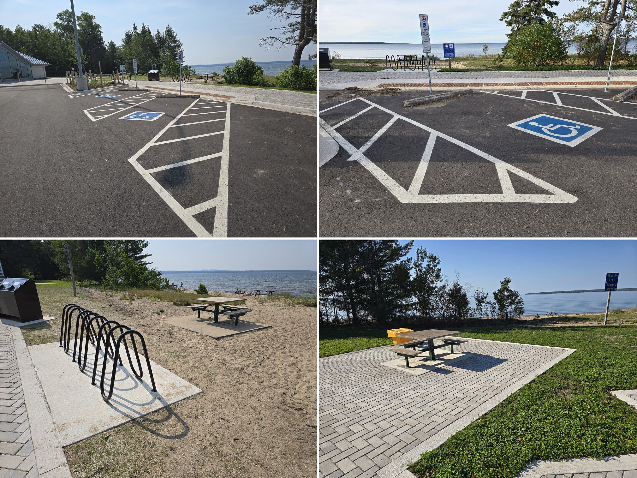 4 part image showing accessible parking and picnic tables at Batchawana Bay Provincial Park.