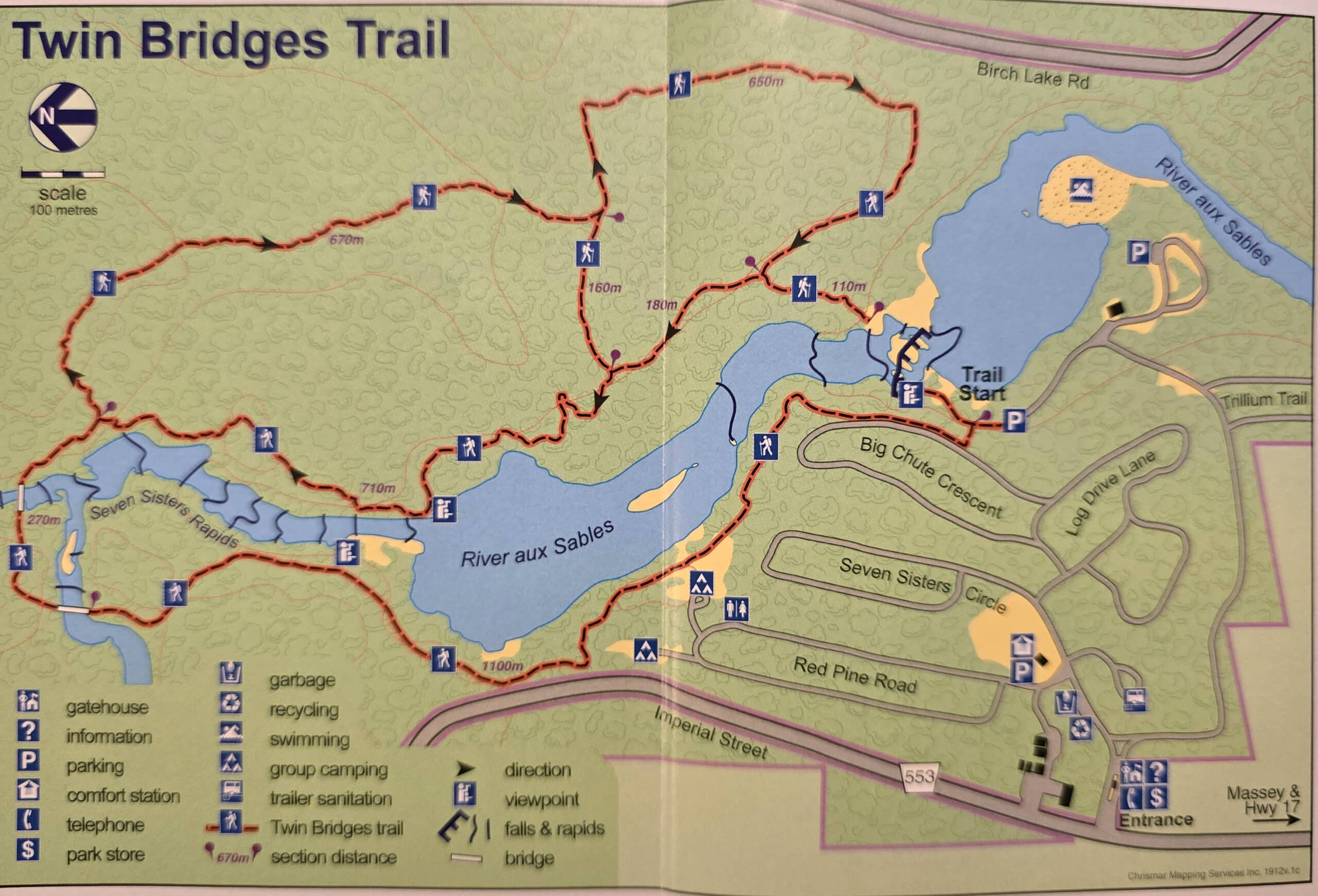 Trail map for the twin bridges trail system.