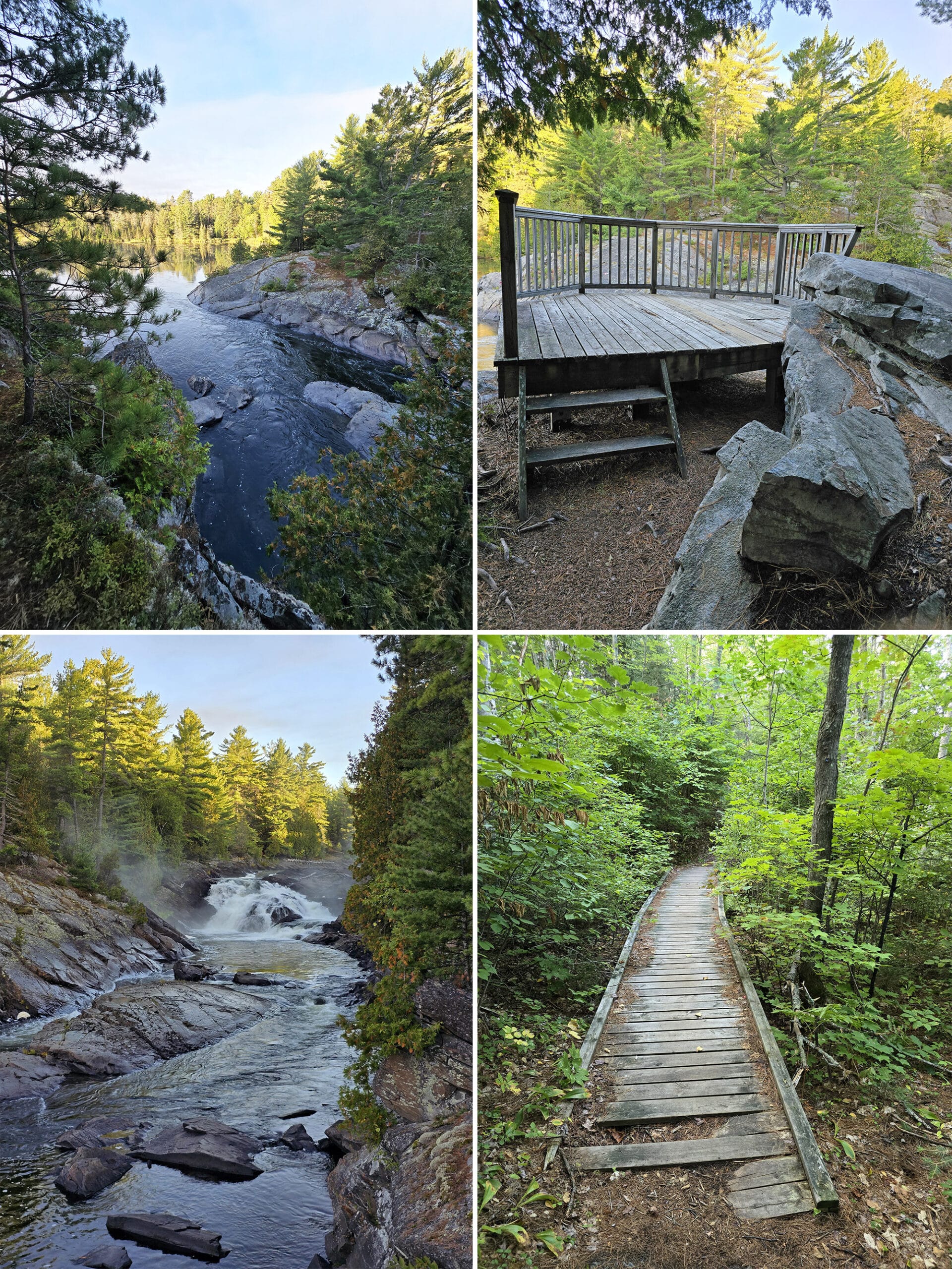 4 part image showing various views along the twin bridges trail in chutes provincial park.