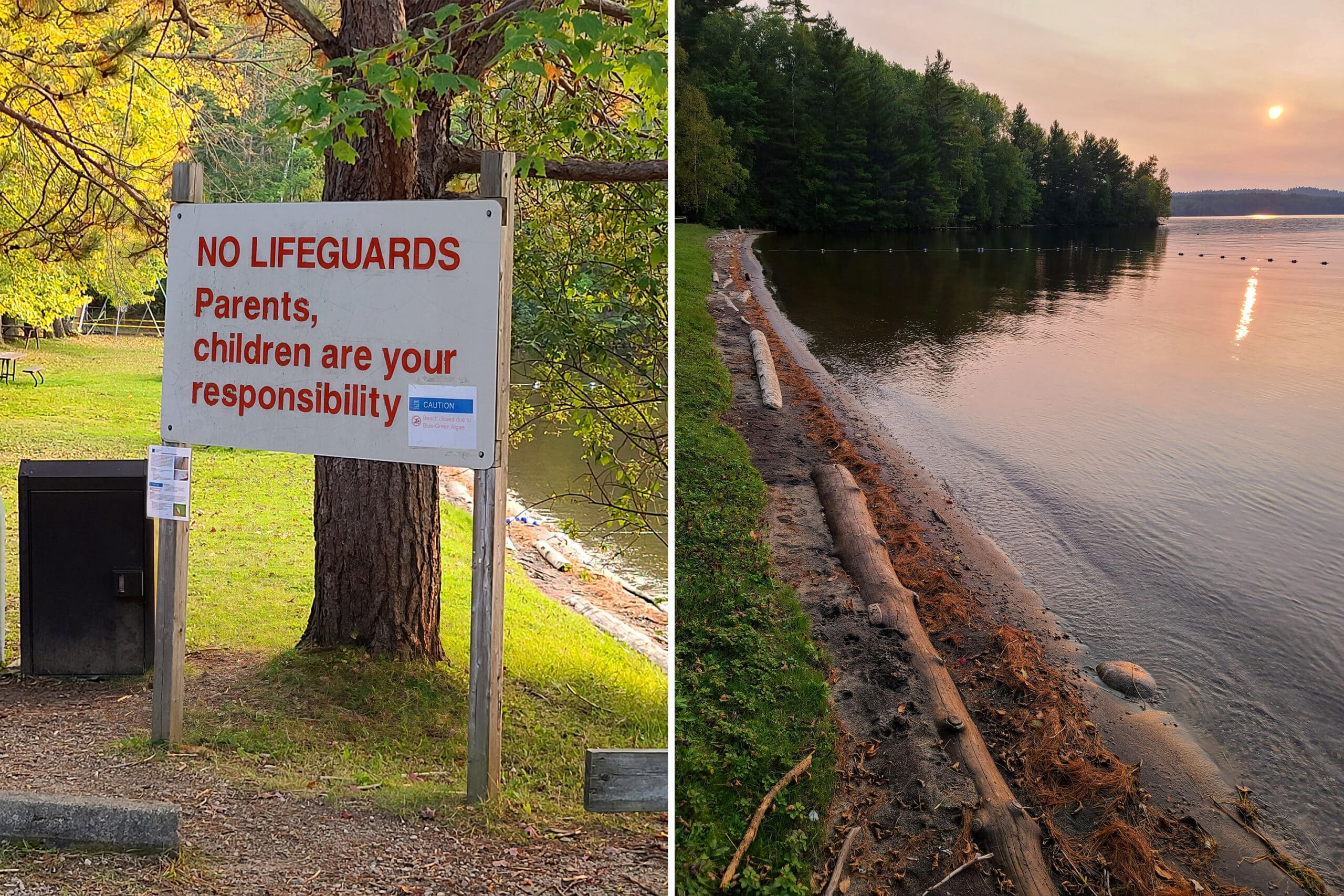 2 part image showing a narrow sandy beach, and a sign saying no lifeguards.
