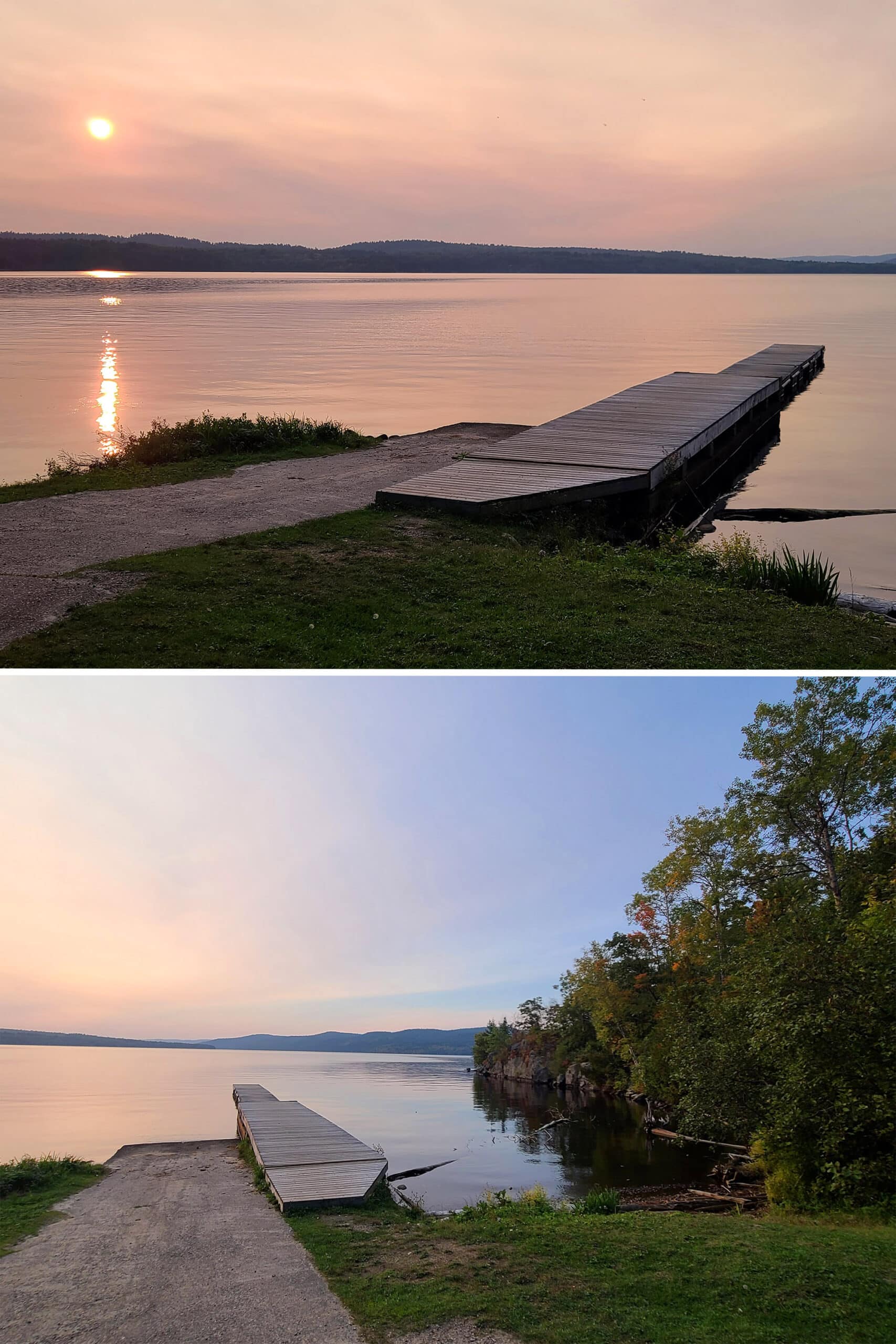 2 part image showing the Driftwood PP boat launch from 2 angles.