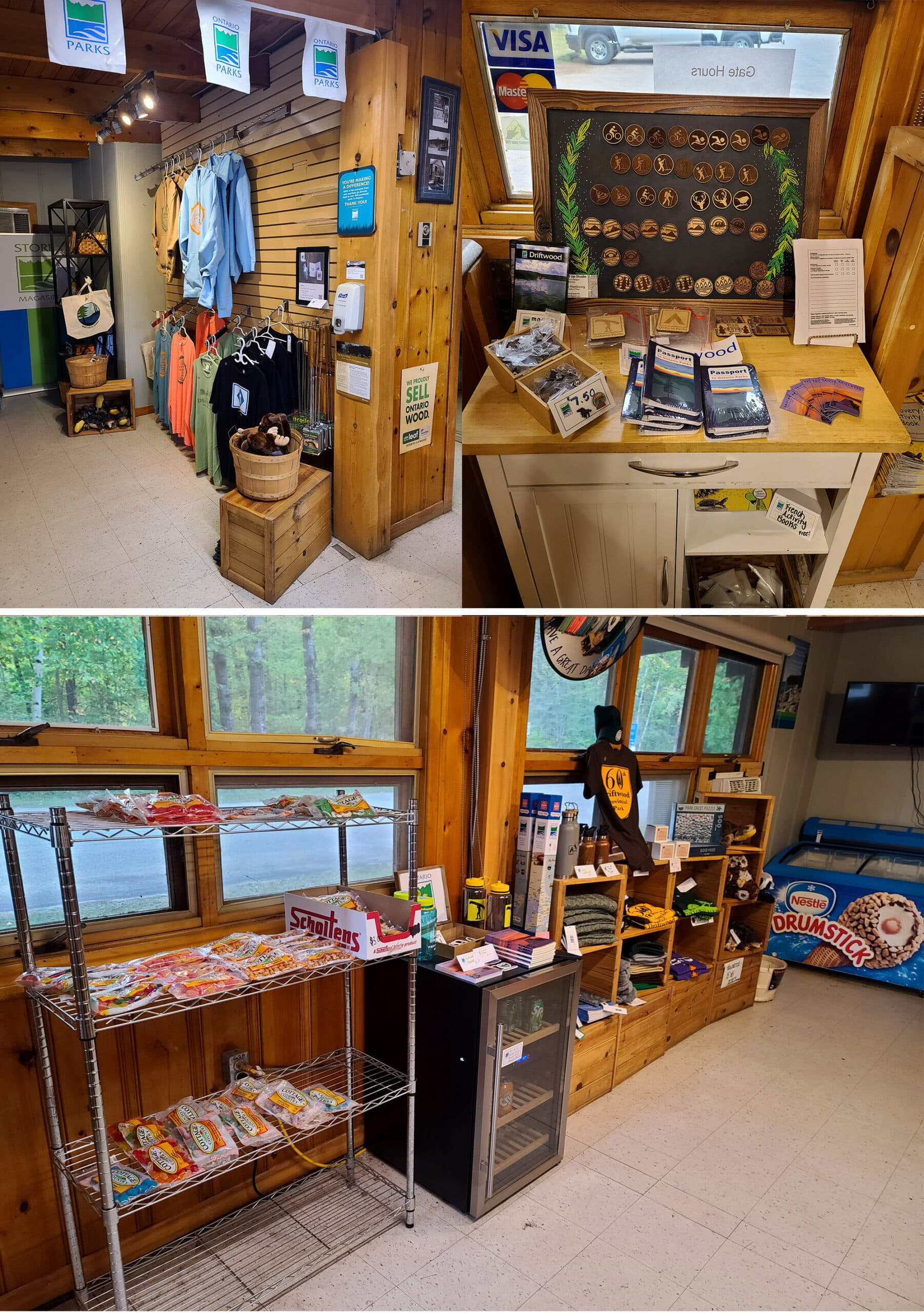 2 part image showing the interior of the Driftwood Provincial Park campground store.