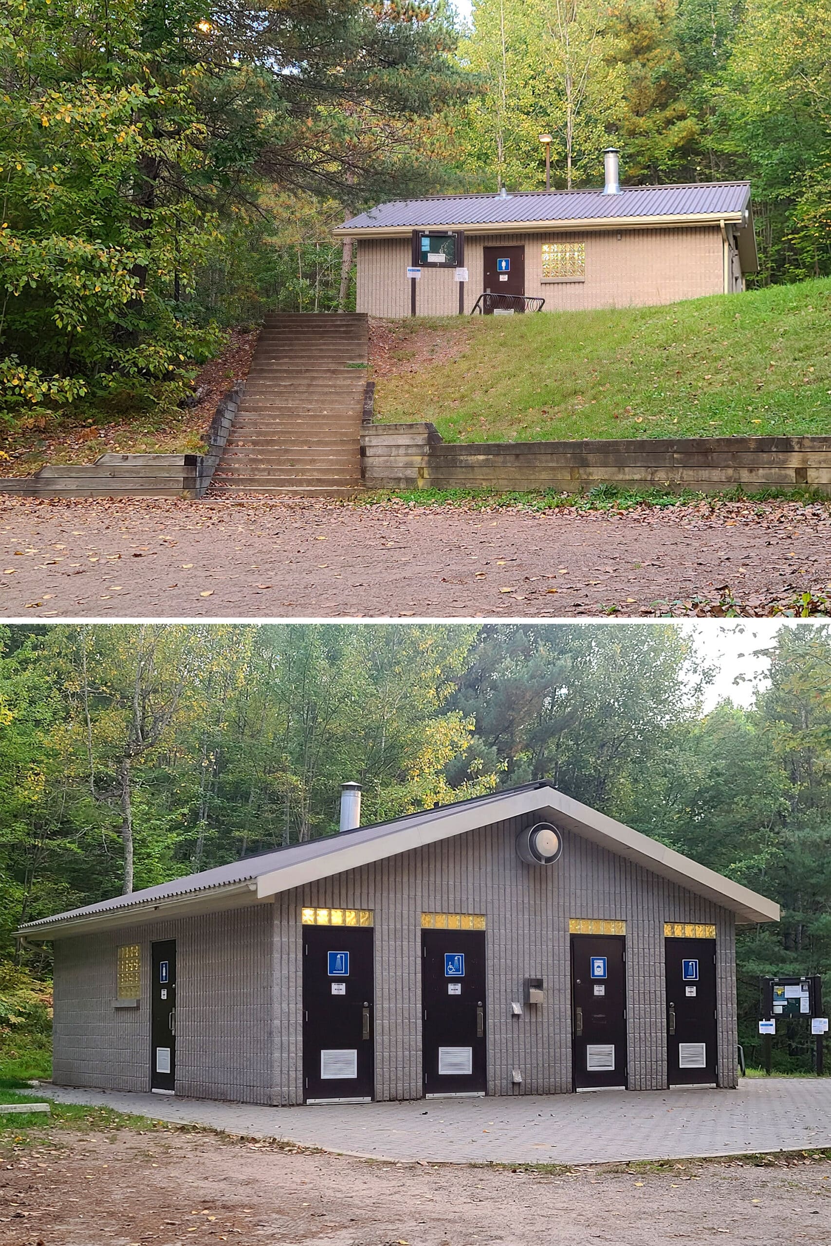 2 part image showing the two different entries to the Driftwood comfort station.