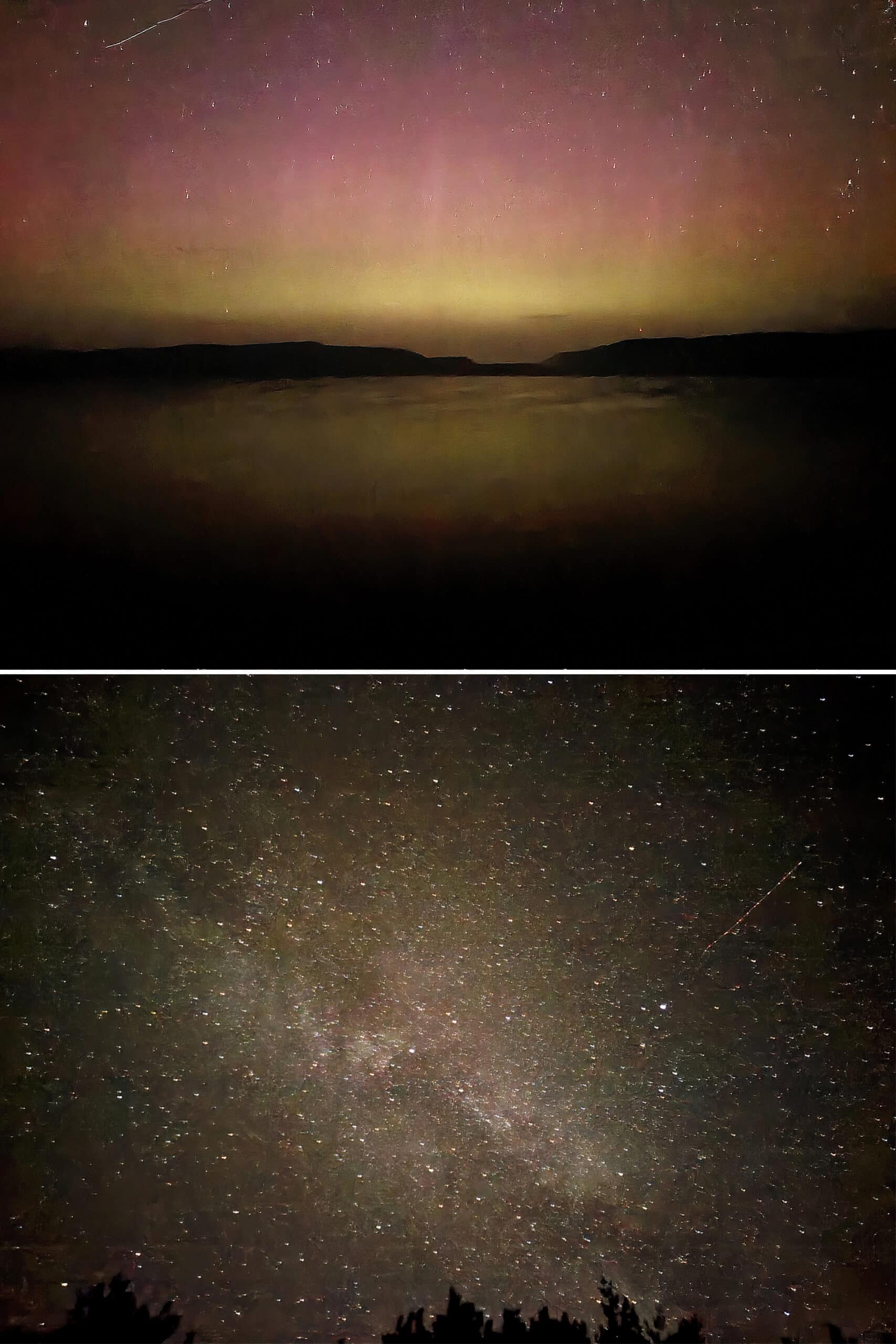 2 part image showing the northern lights and the milky way over the Ottawa River.