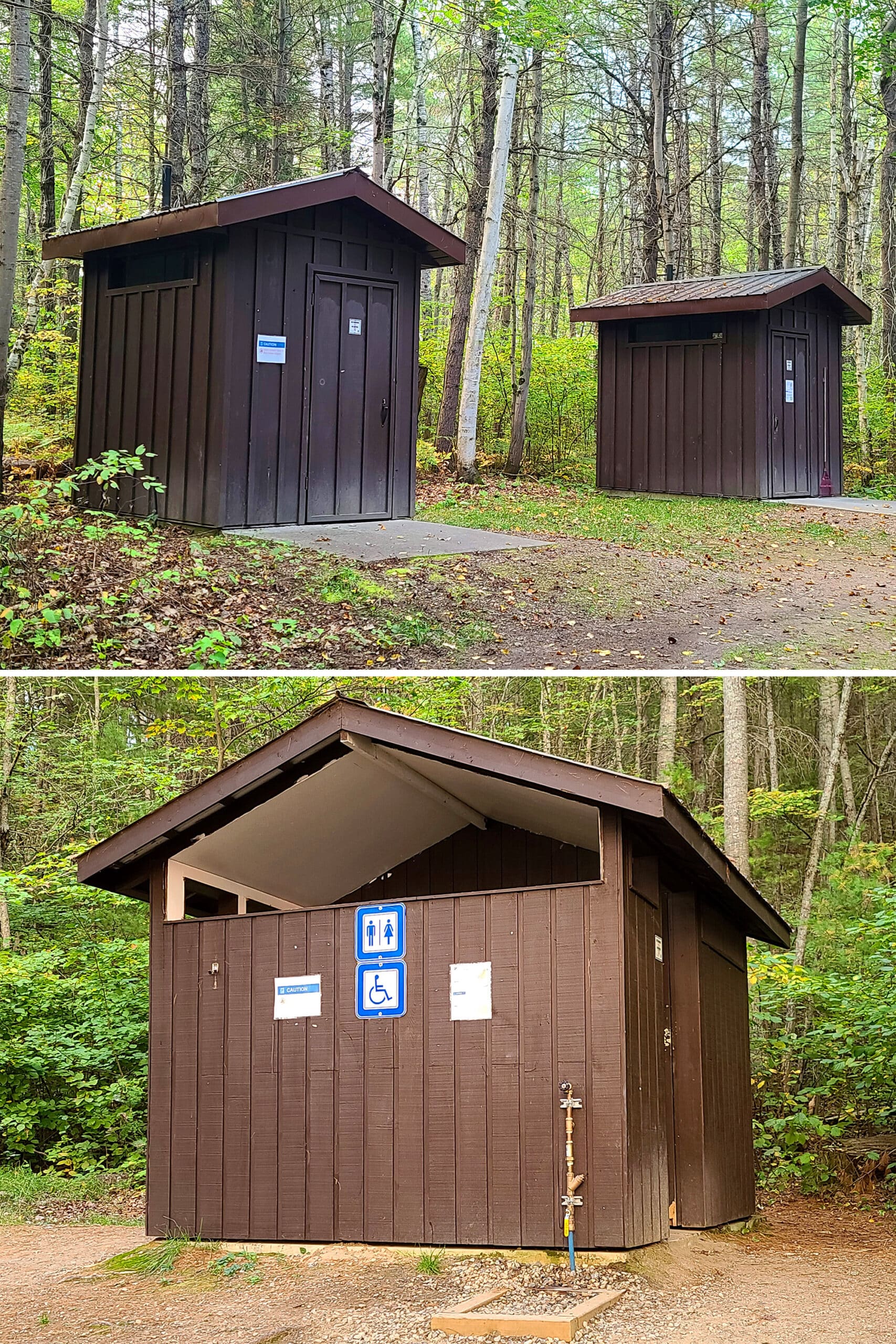 2 part image showing a couple different outhouses, one with an accessible symbol on it.