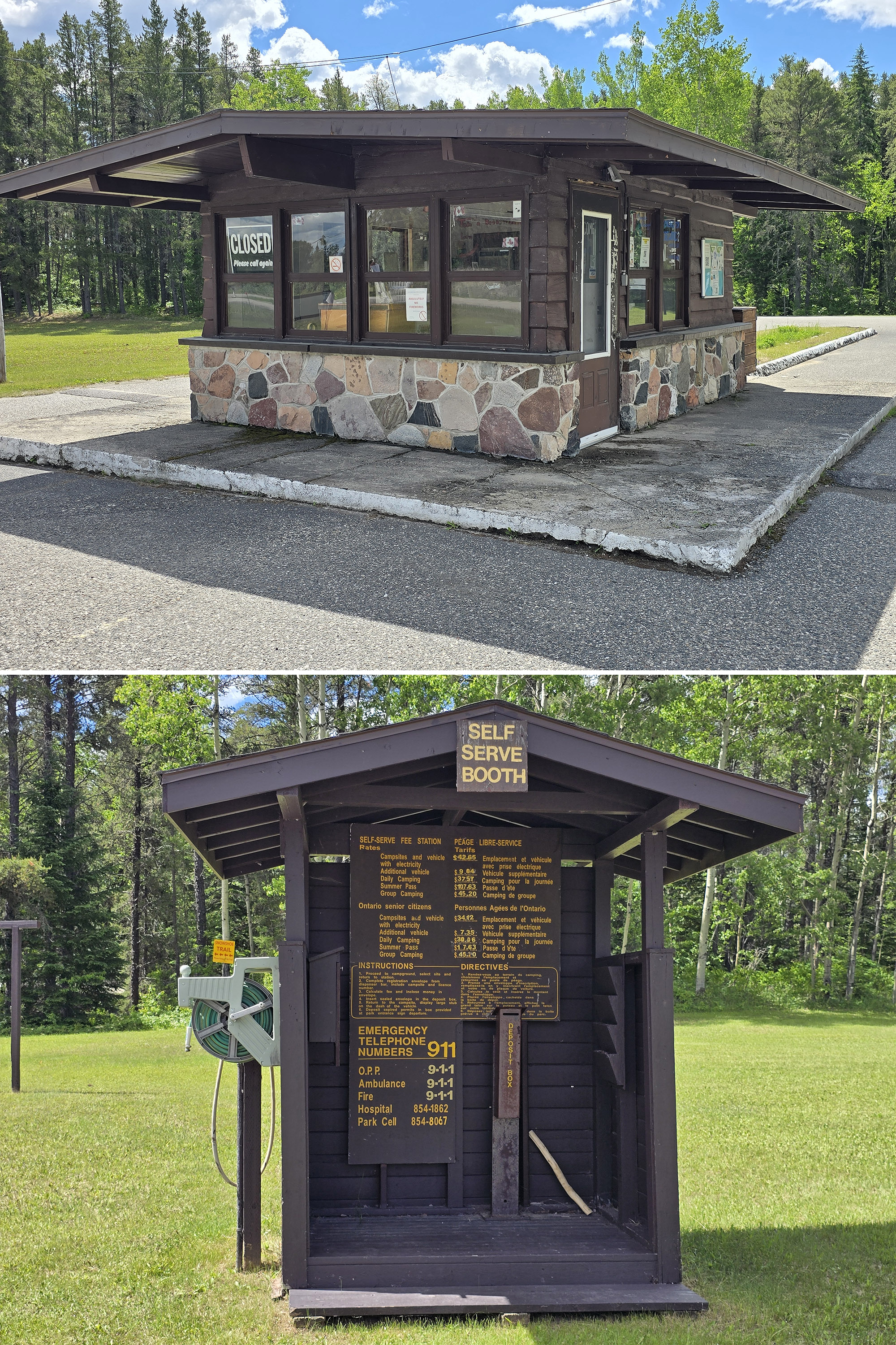 2 part image showing the gatehouse and self serve kiosk at MacLeod Provincial Park.
