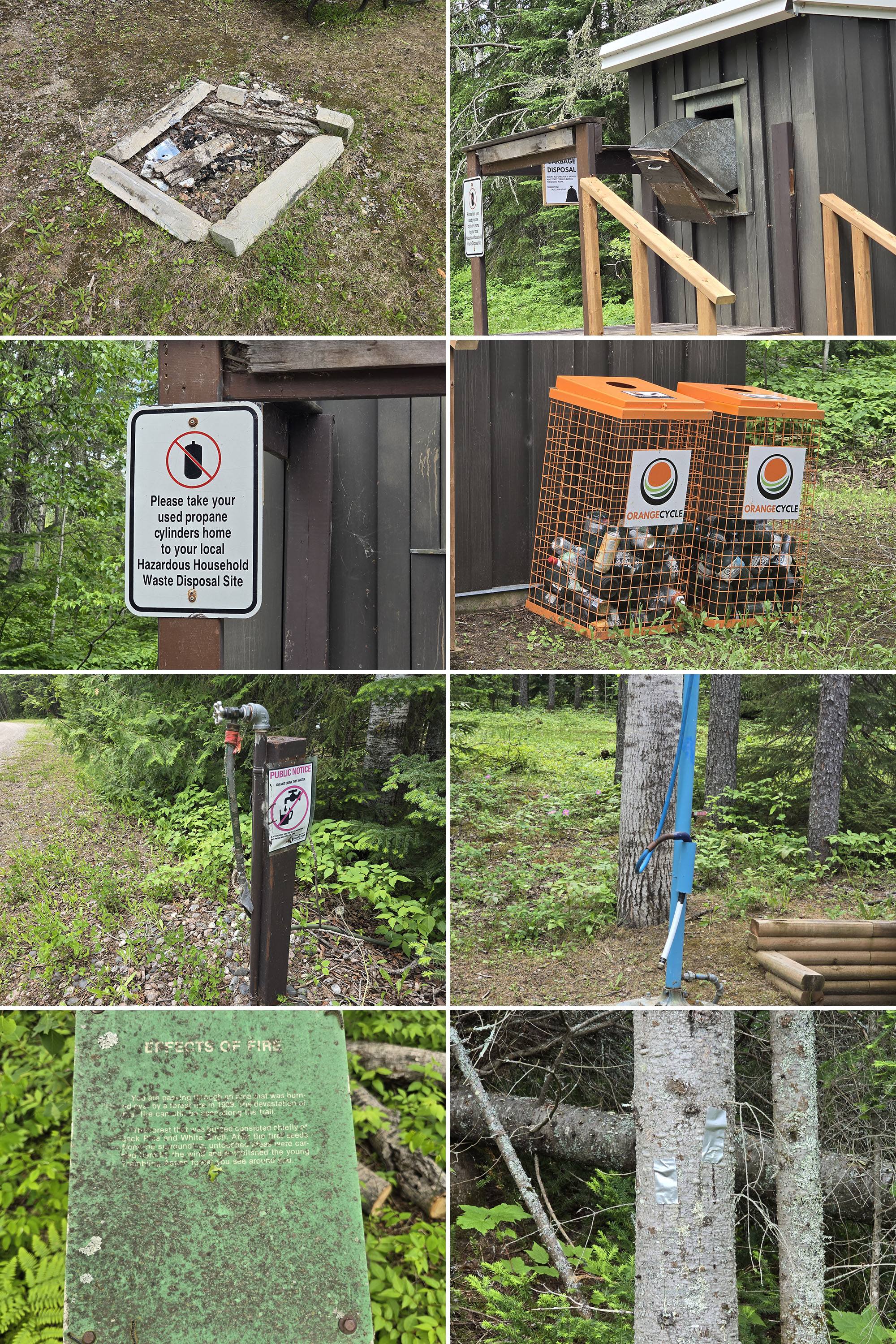8 part image showing various signs of disrepair at MacLeod Provincial Park.