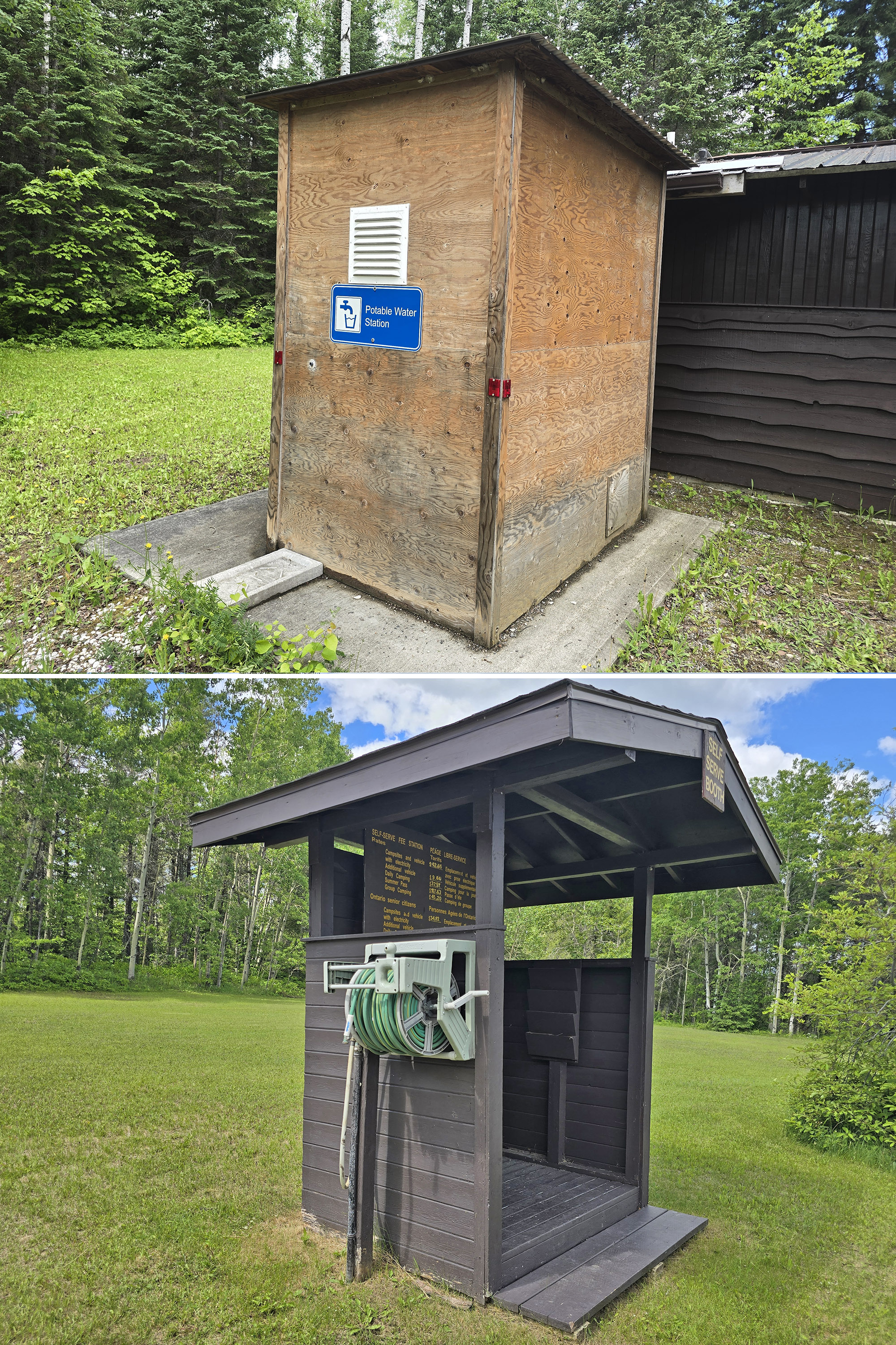 2 part image showing a potable water shed and a washing hose at Macleod Provincial Park.