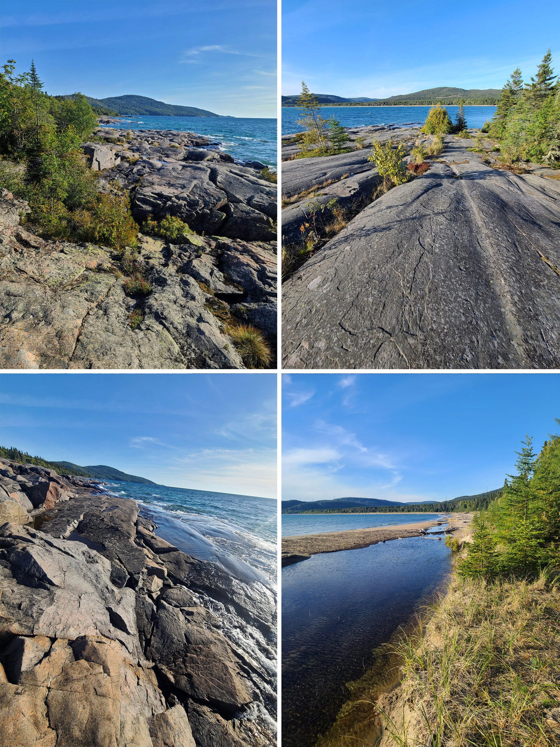 A 4 part image showing different views of large rocks with lake superior in the background.
