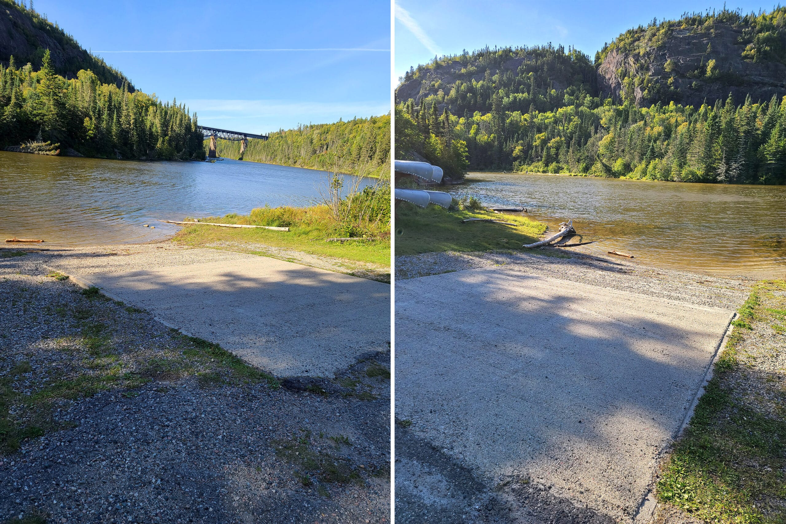 2 part image showing the base of neys provincial park’s boat launch.
