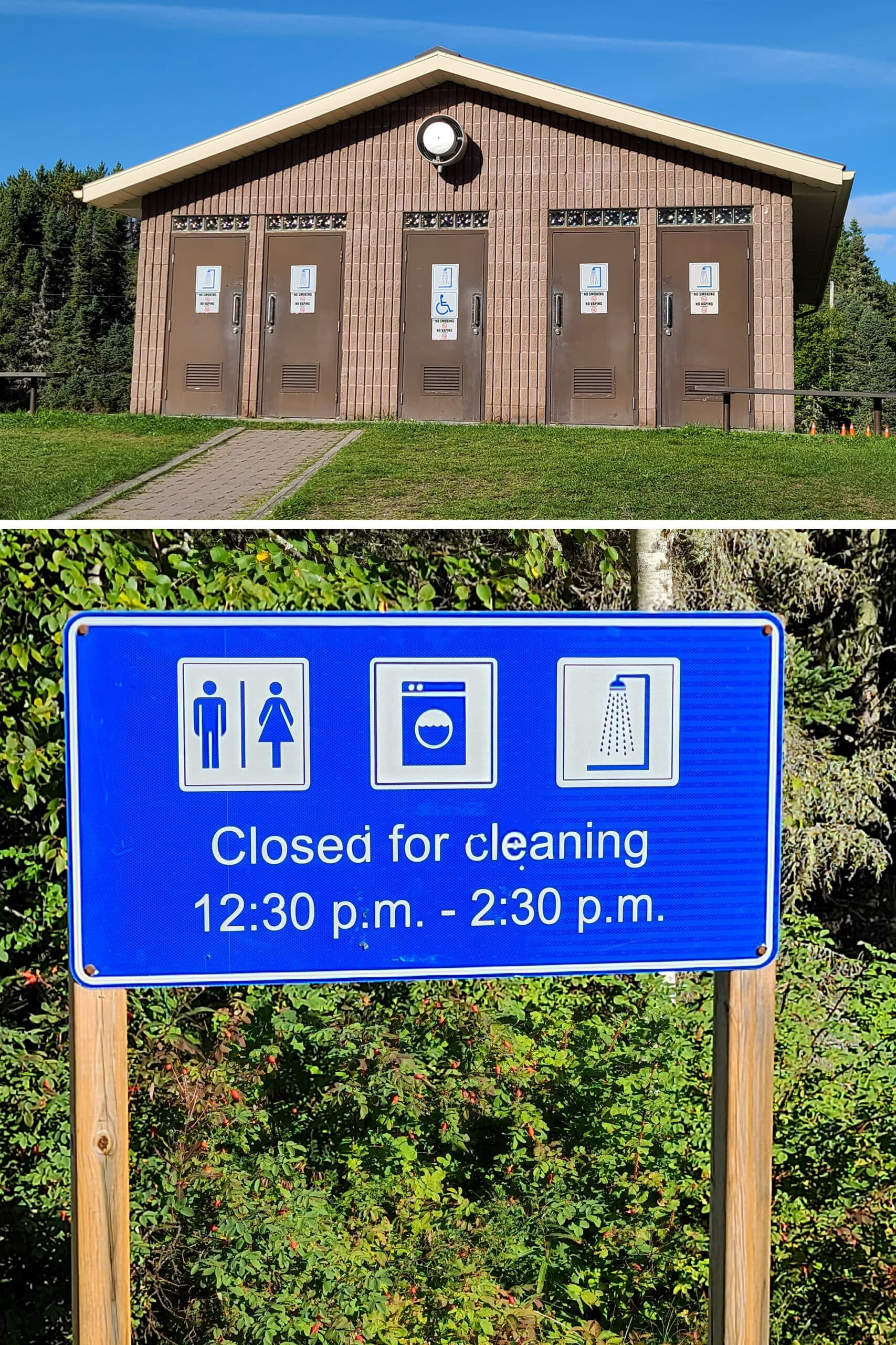 Neys provincial park's comfort station, with a sign about being closed for cleaning daily.