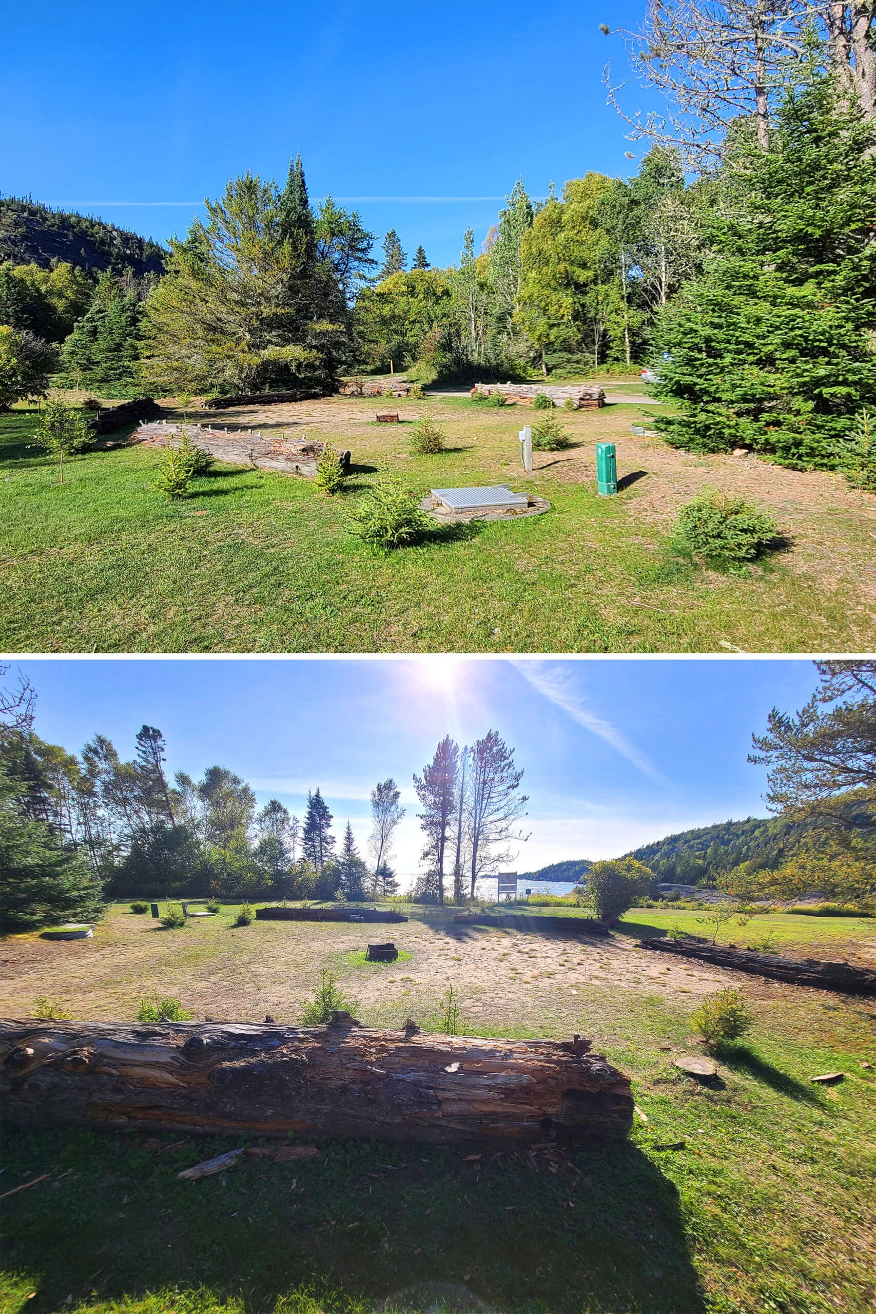 A 2 part image showing different views of a clearing that's bordered with logs and has a fire pit in the middle.