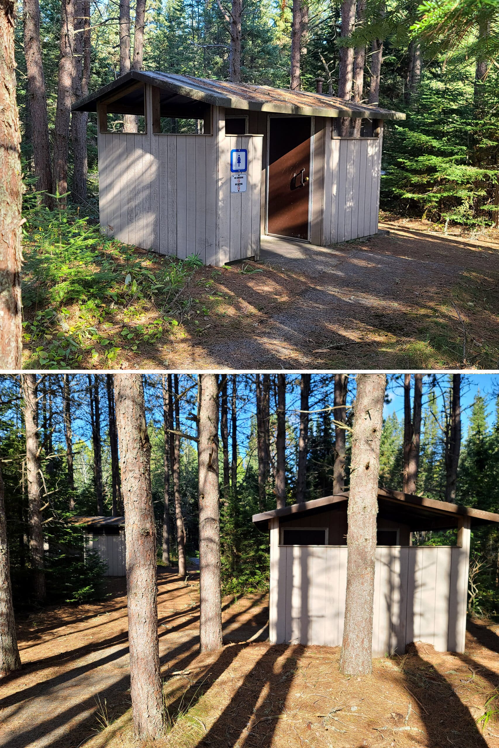 2 part image showing a couple of different outhouses in Neys provincial park.