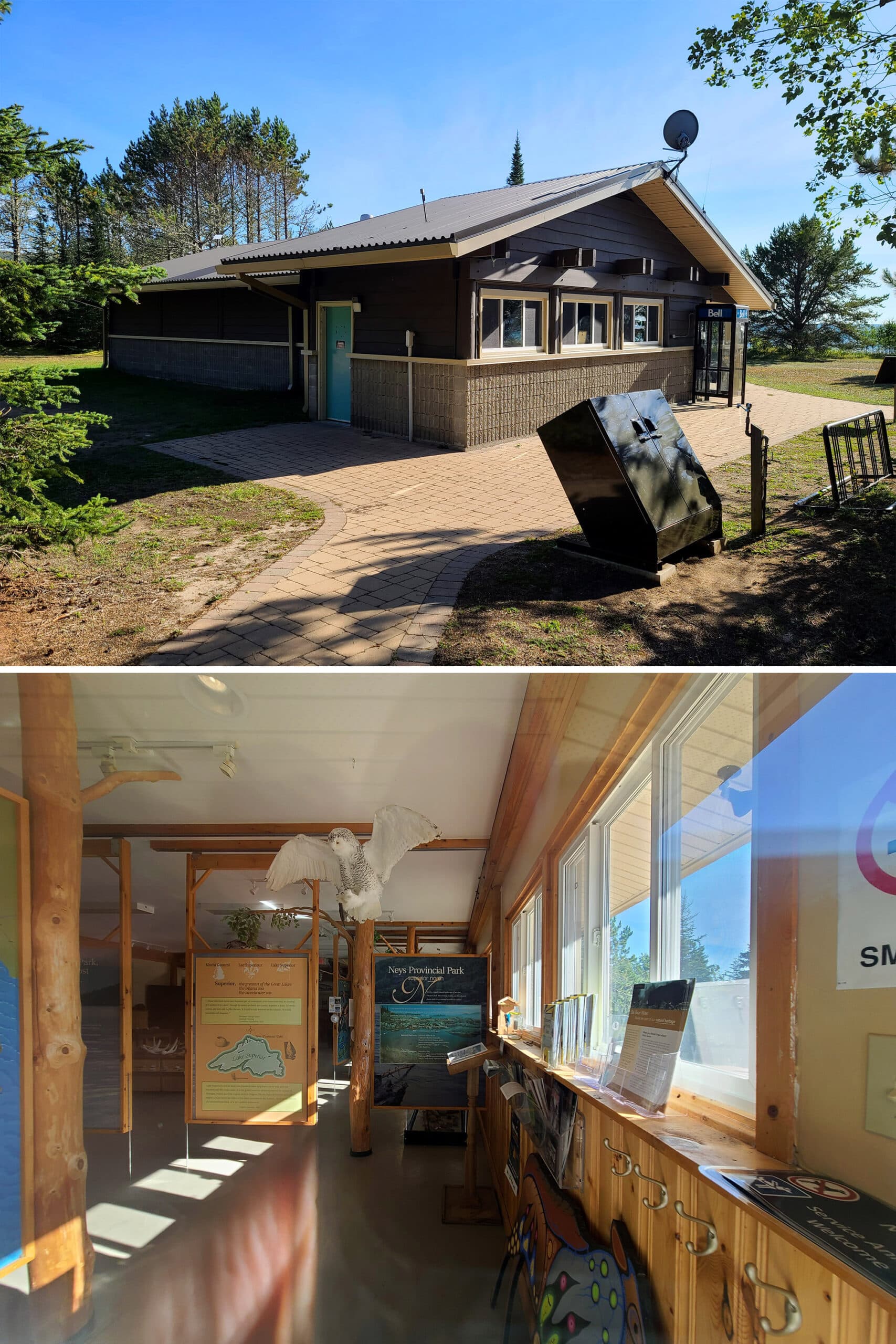 2 part image showing in the interior and exterior of the neys provincial park visitor center.